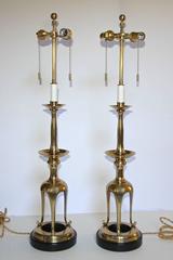 Pair of Tall Brass Japanese Asian Candlestick Table Lamps