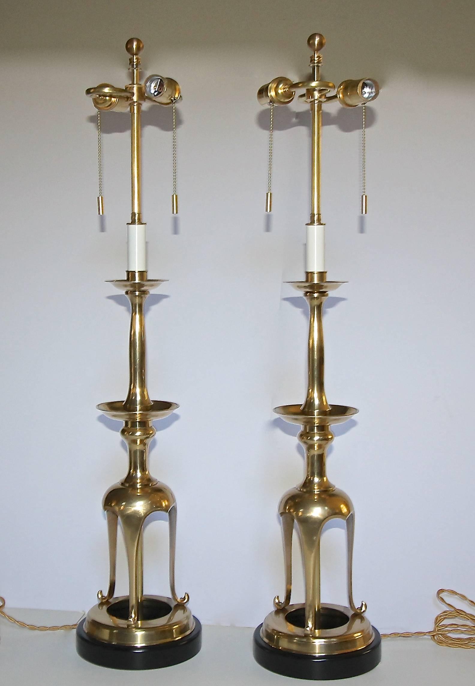 Pair of Tall Brass Japanese Asian Candlestick Table Lamps 1