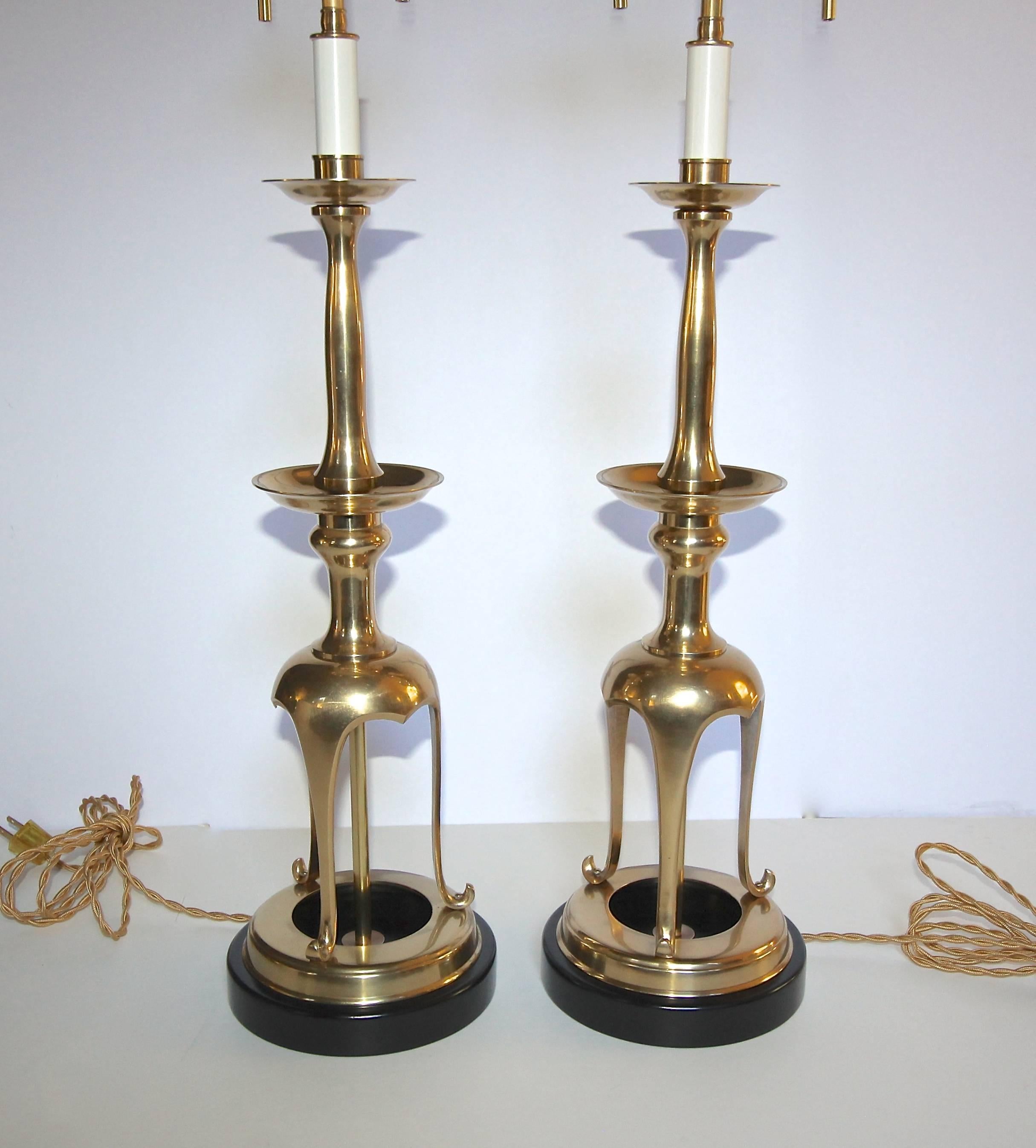 Pair of Tall Brass Japanese Asian Candlestick Table Lamps 5