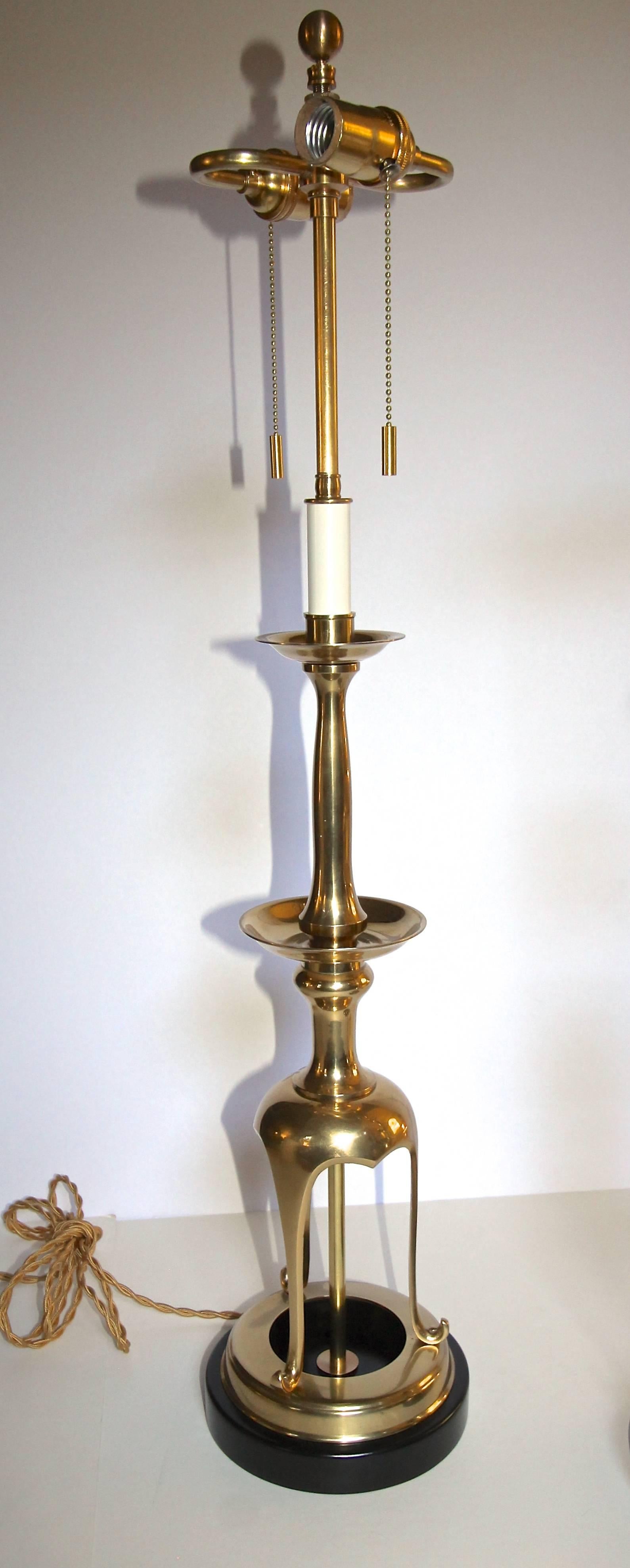 Mid-20th Century Pair of Tall Brass Japanese Asian Candlestick Table Lamps