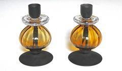 Pair of Erik Hoglund Boda Candlesticks in Amber Glass and Iron