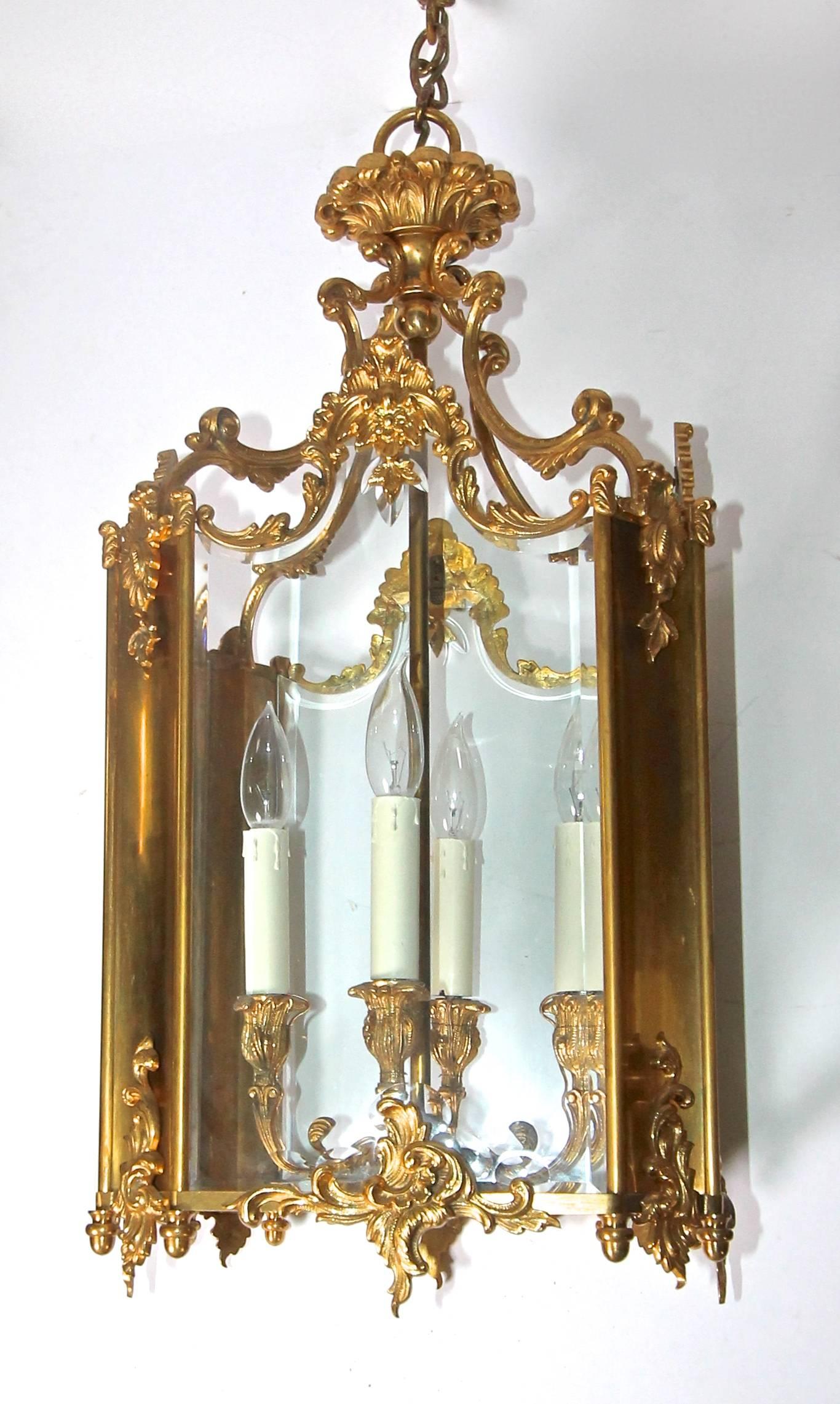 Beveled French Doré Gilt Bronze Louis XV Style Lantern For Sale