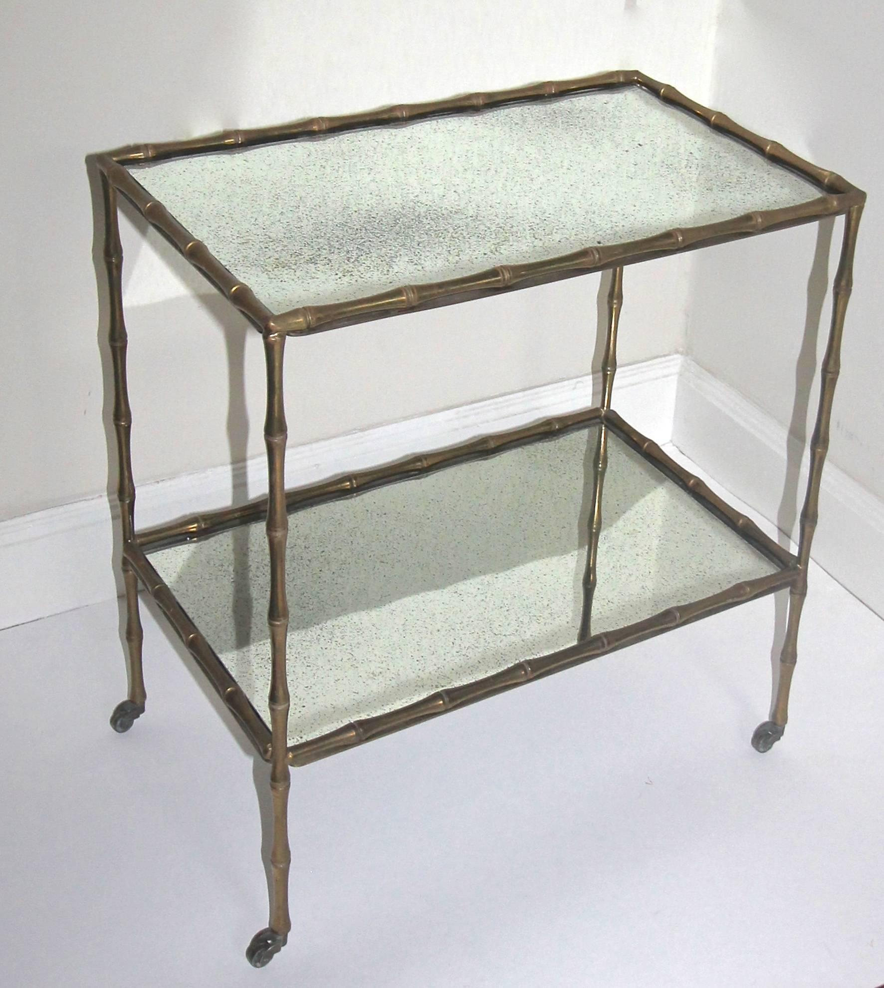 French Bagues Faux Bamboo Bronze Two-Tier Side Table or Bar Cart For Sale
