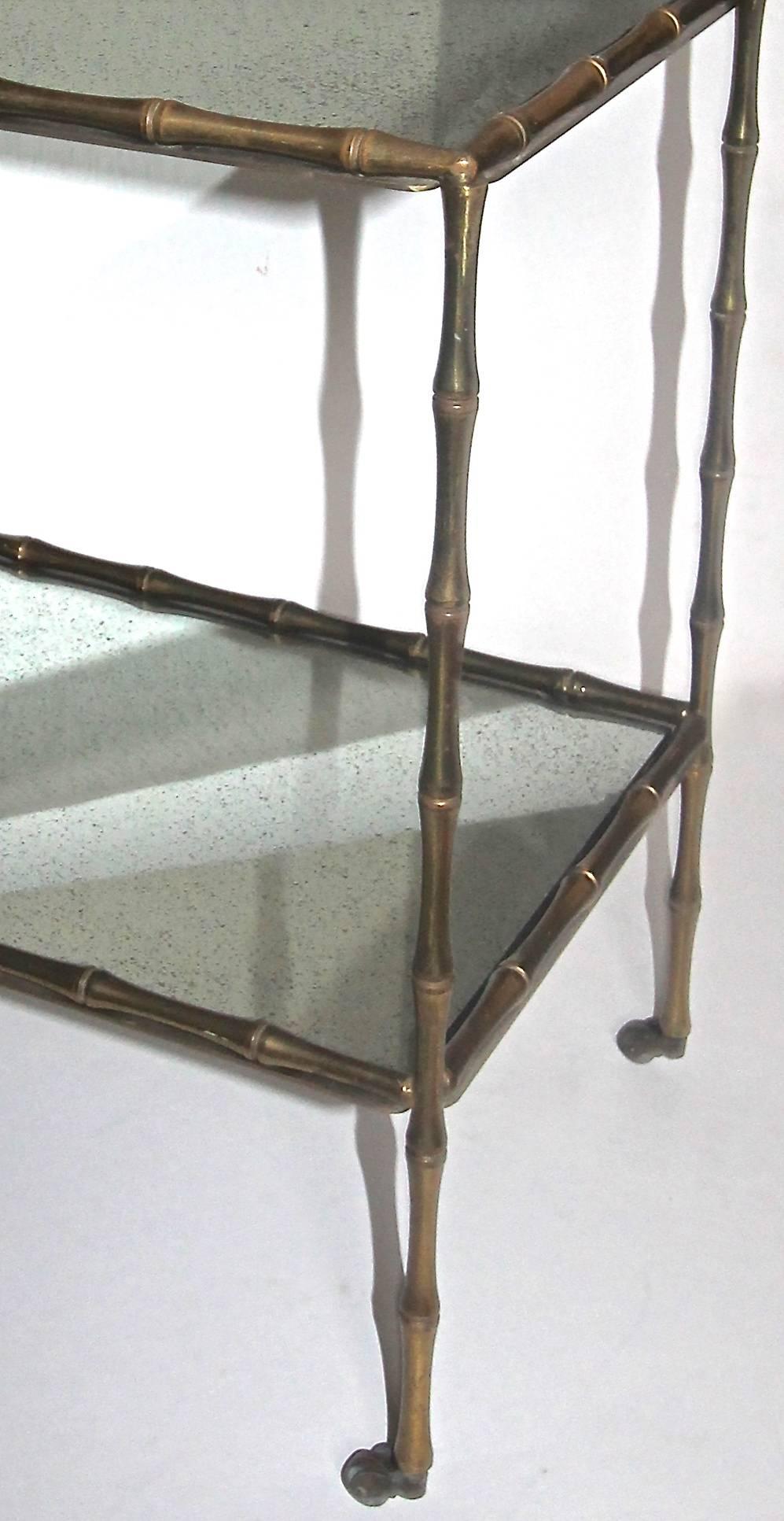 Mid-20th Century Bagues Faux Bamboo Bronze Two-Tier Side Table or Bar Cart For Sale