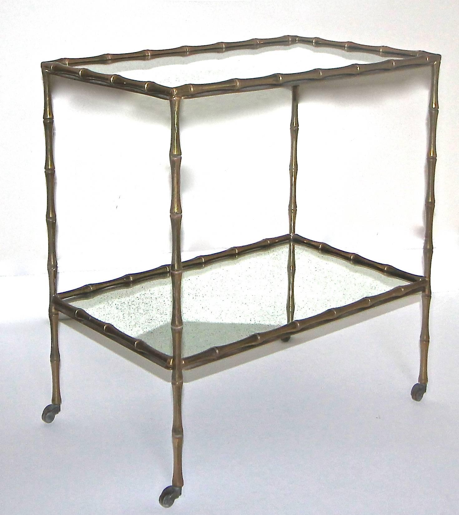 Bagues Faux Bamboo Bronze Two-Tier Side Table or Bar Cart For Sale 4