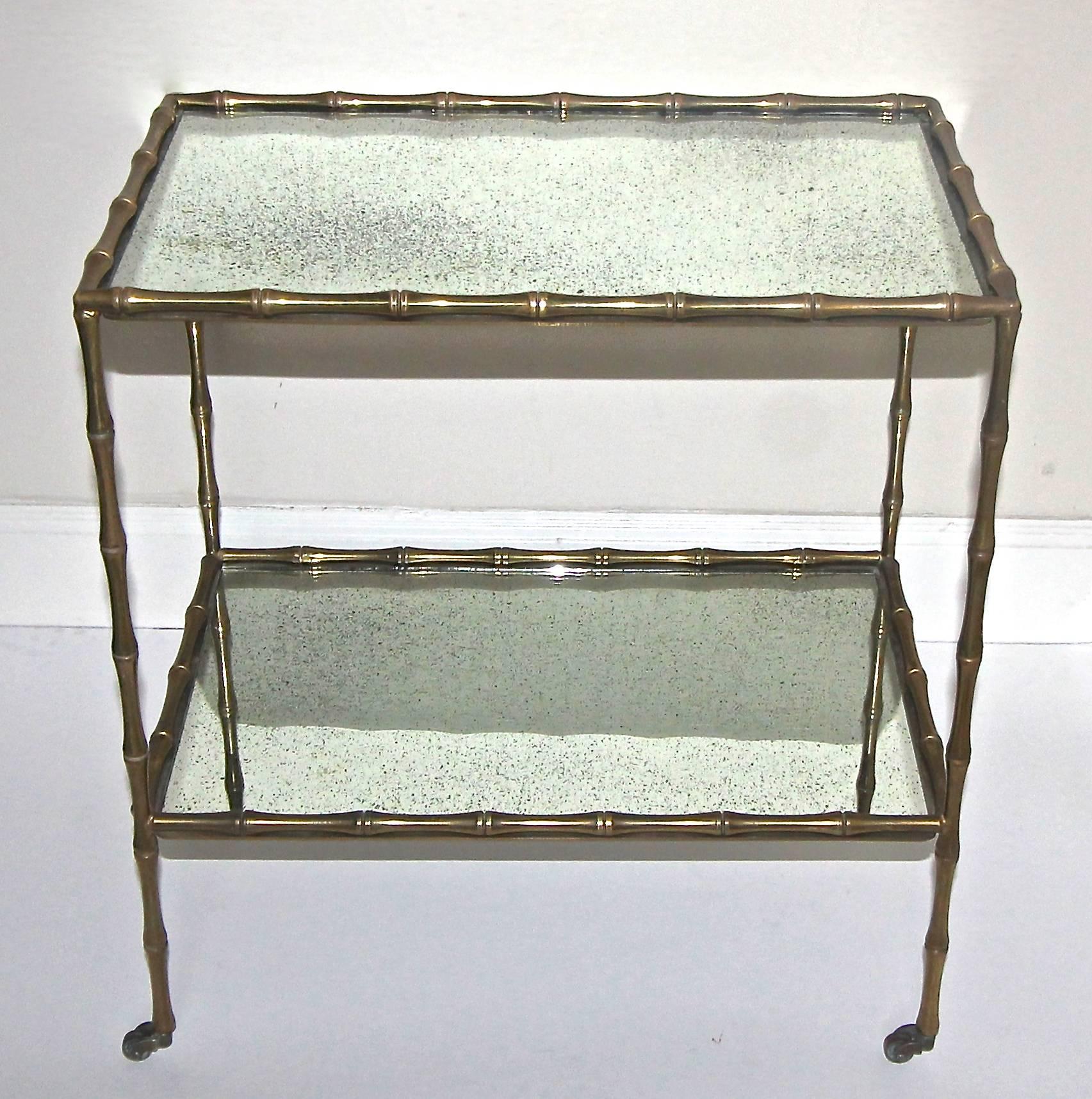 Bagues Faux Bamboo Bronze Two-Tier Side Table or Bar Cart In Good Condition For Sale In Dallas, TX