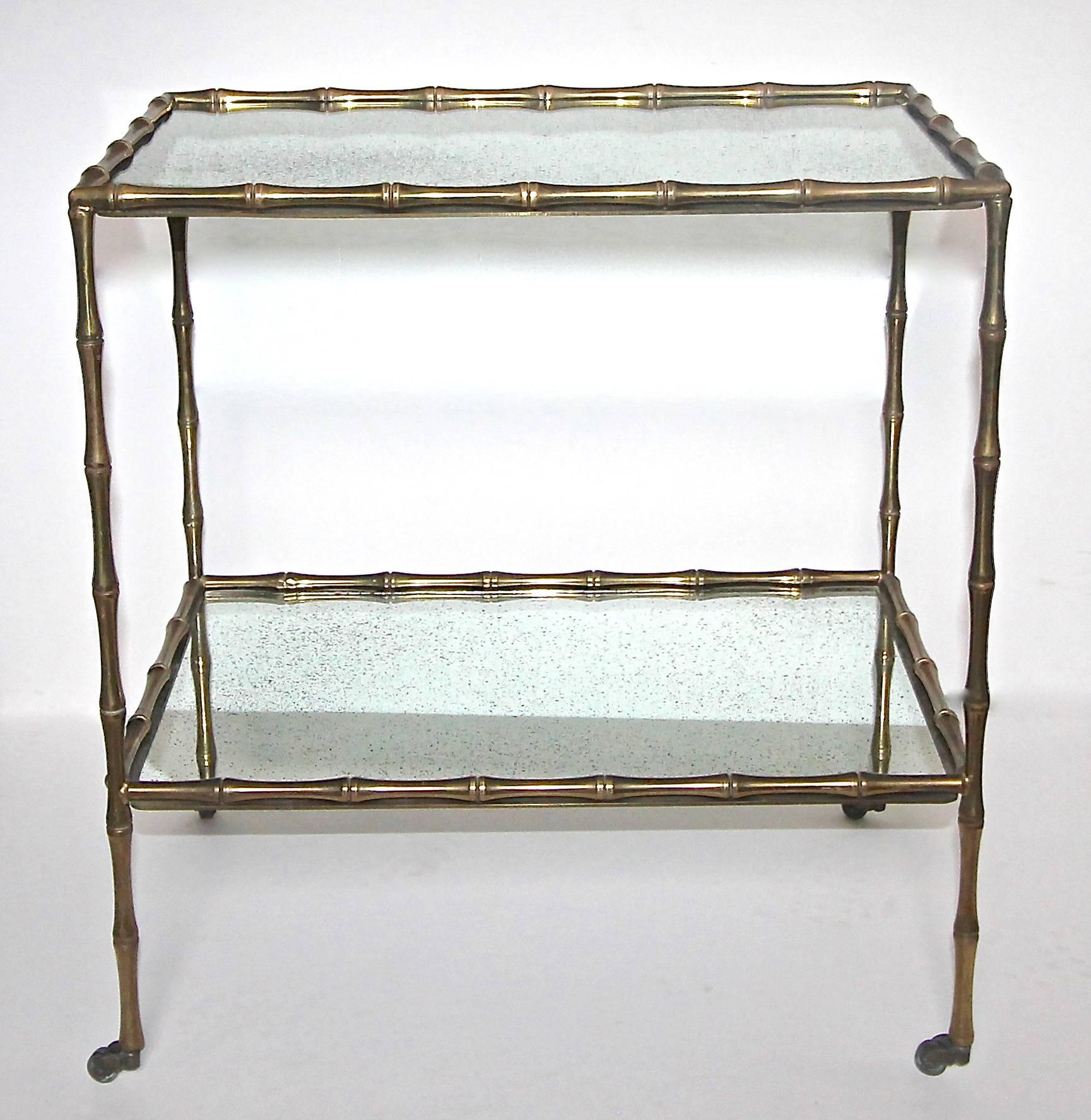 Bagues Faux Bamboo Bronze Two-Tier Side Table or Bar Cart For Sale 1