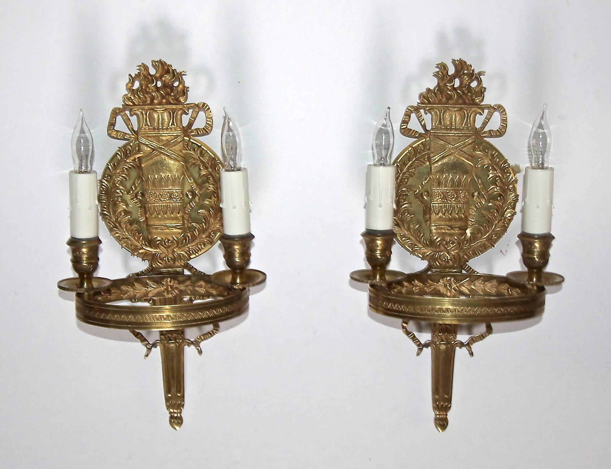 Pair of French Empire Style Brass Wall Sconces 4