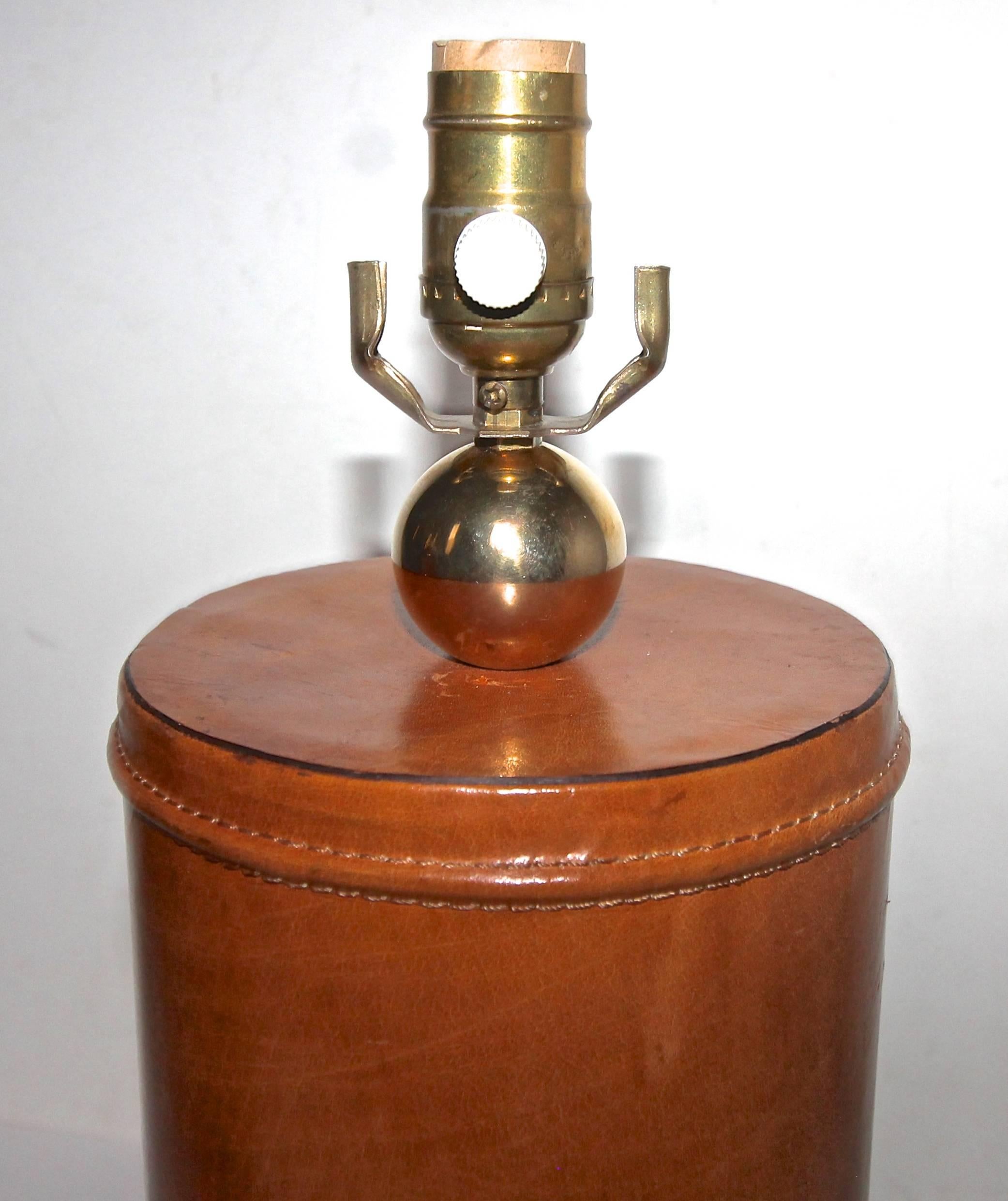 Pair of Stitched Leather and Brass Table Lamps after Adnet 2
