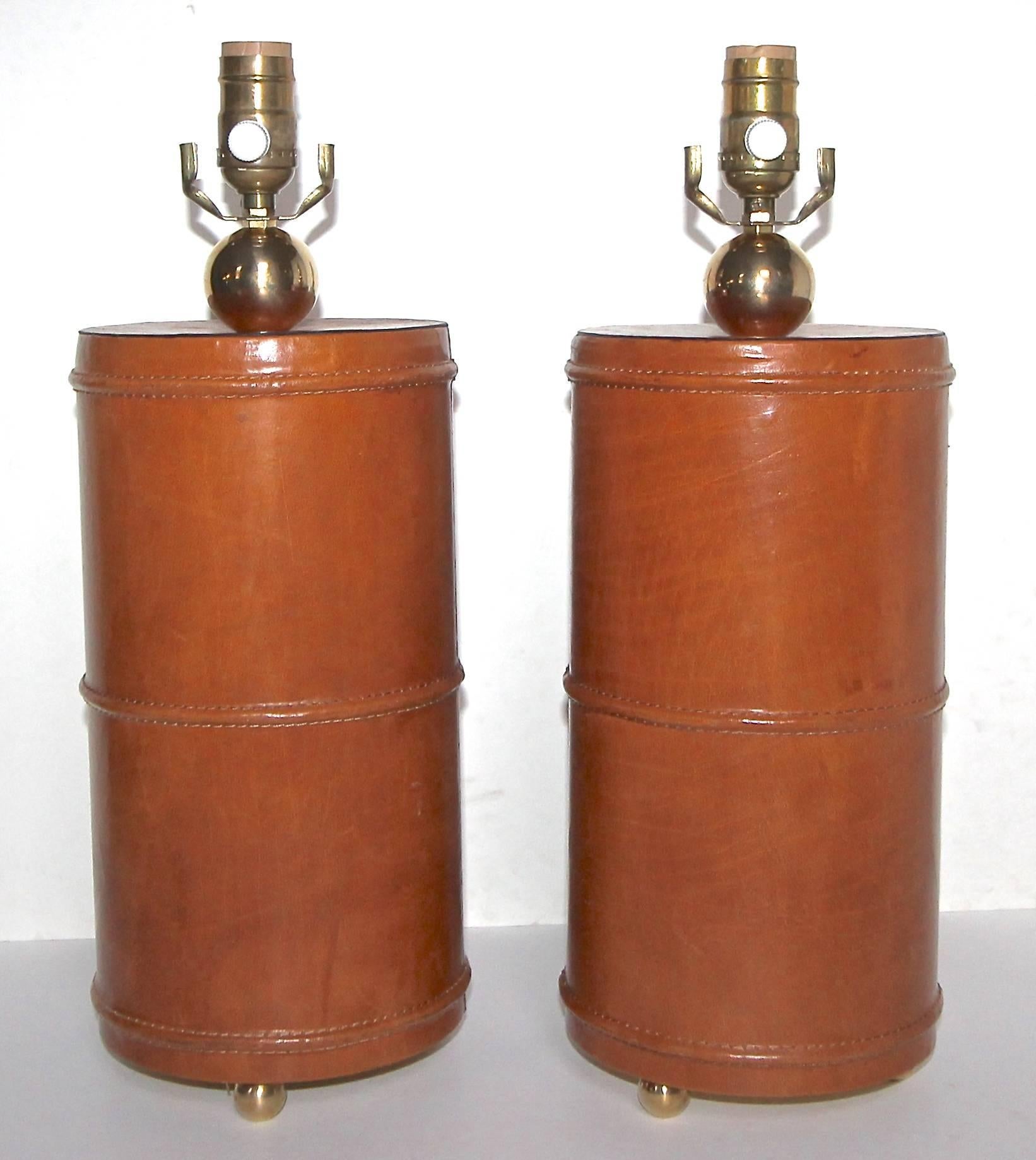 Pair of Stitched Leather and Brass Table Lamps after Adnet 4