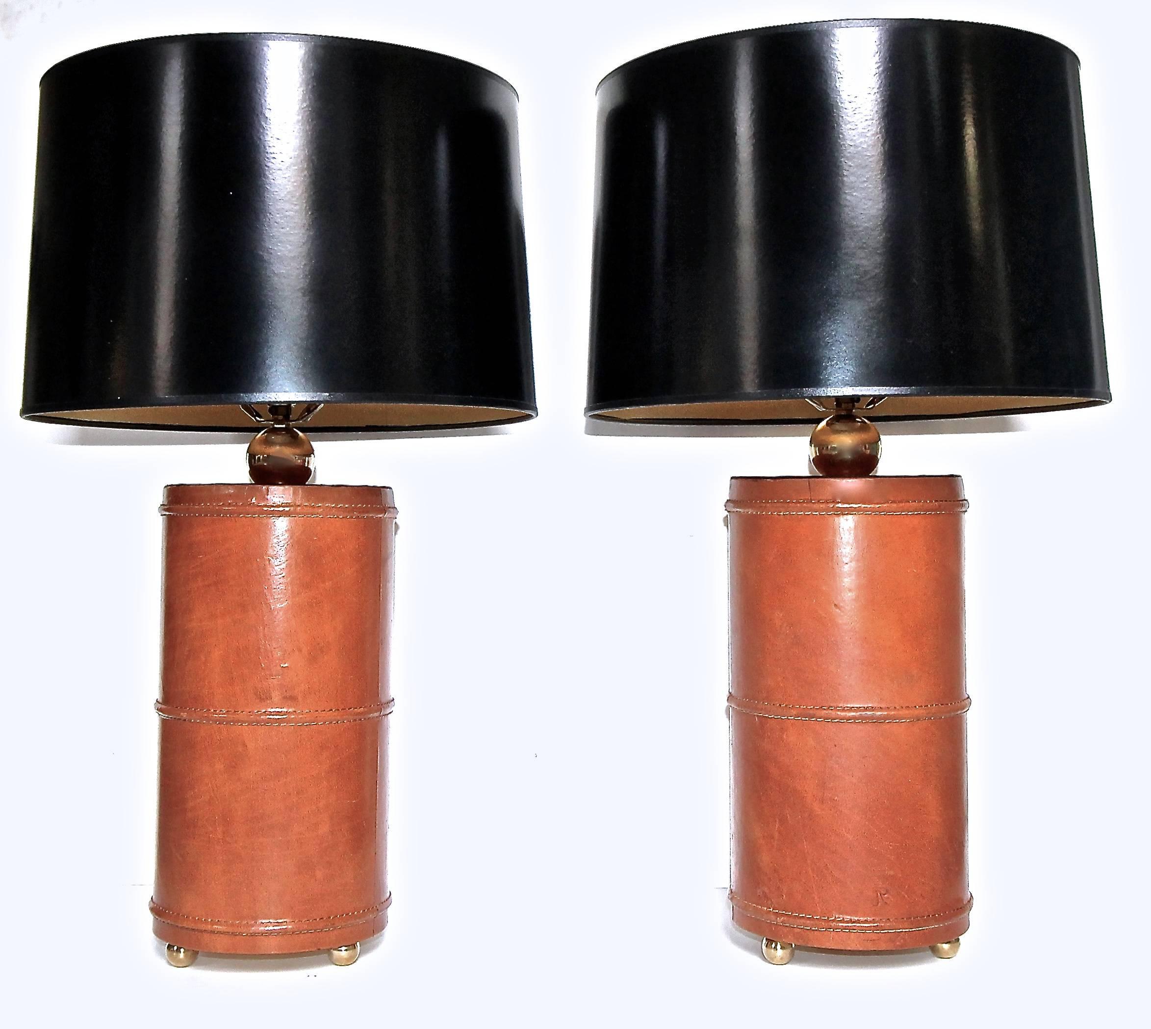 Pair of Stitched Leather and Brass Table Lamps after Adnet 5