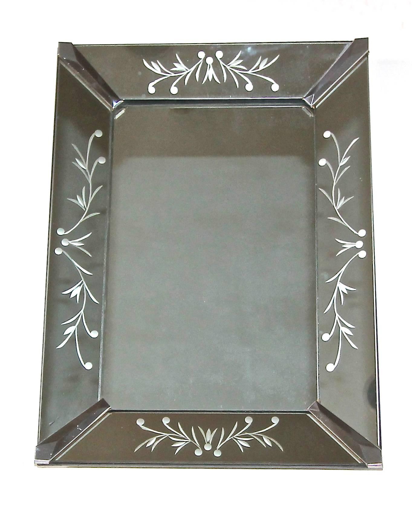 American Diminutive French Deco Etched Wall Mirror For Sale