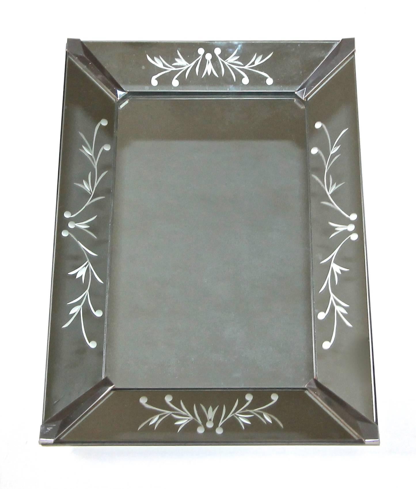 Mid-20th Century Diminutive French Deco Etched Wall Mirror For Sale