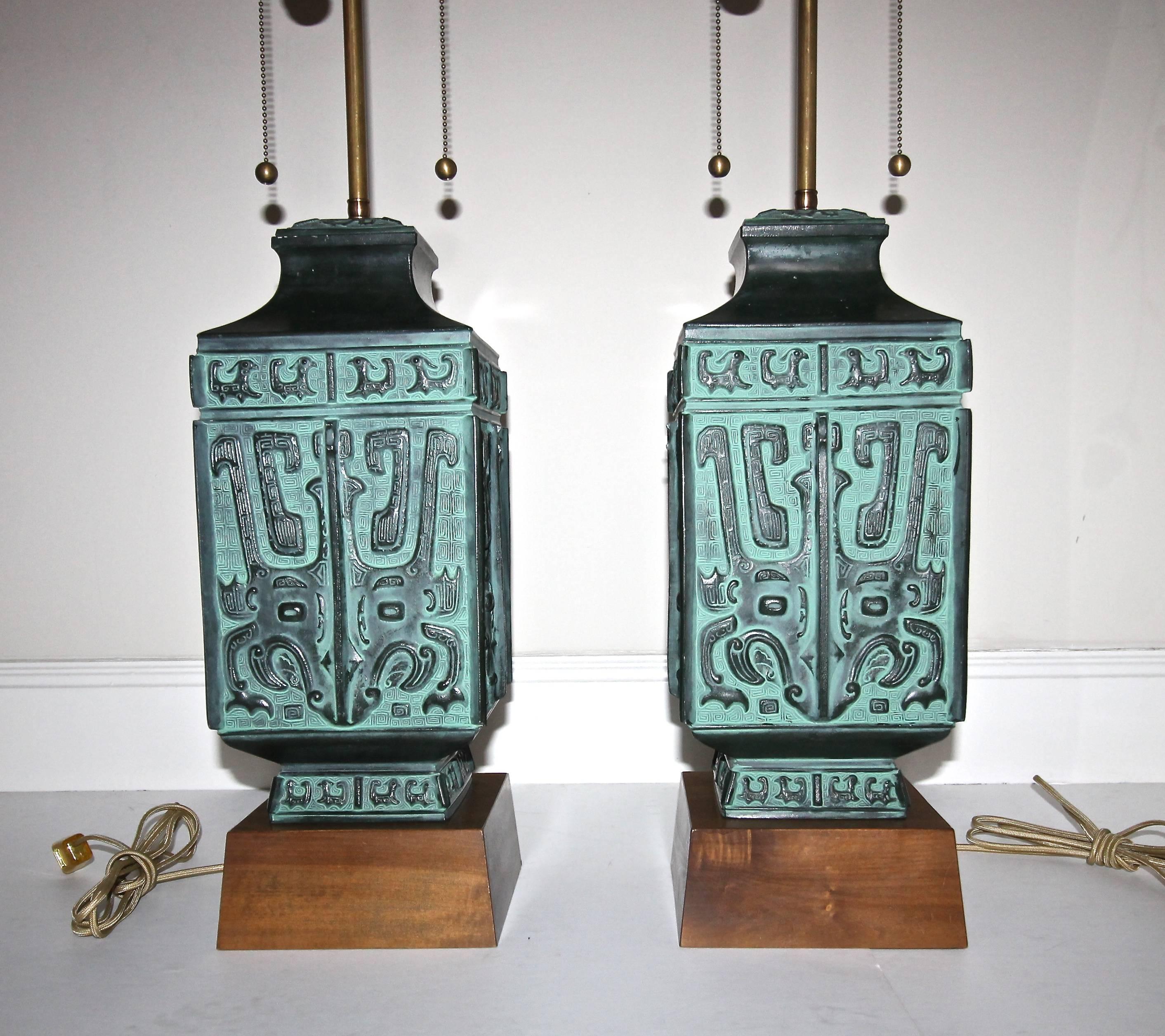 Mid-20th Century Pair of James Mont Style Asian Patinated Bronze Table Lamps