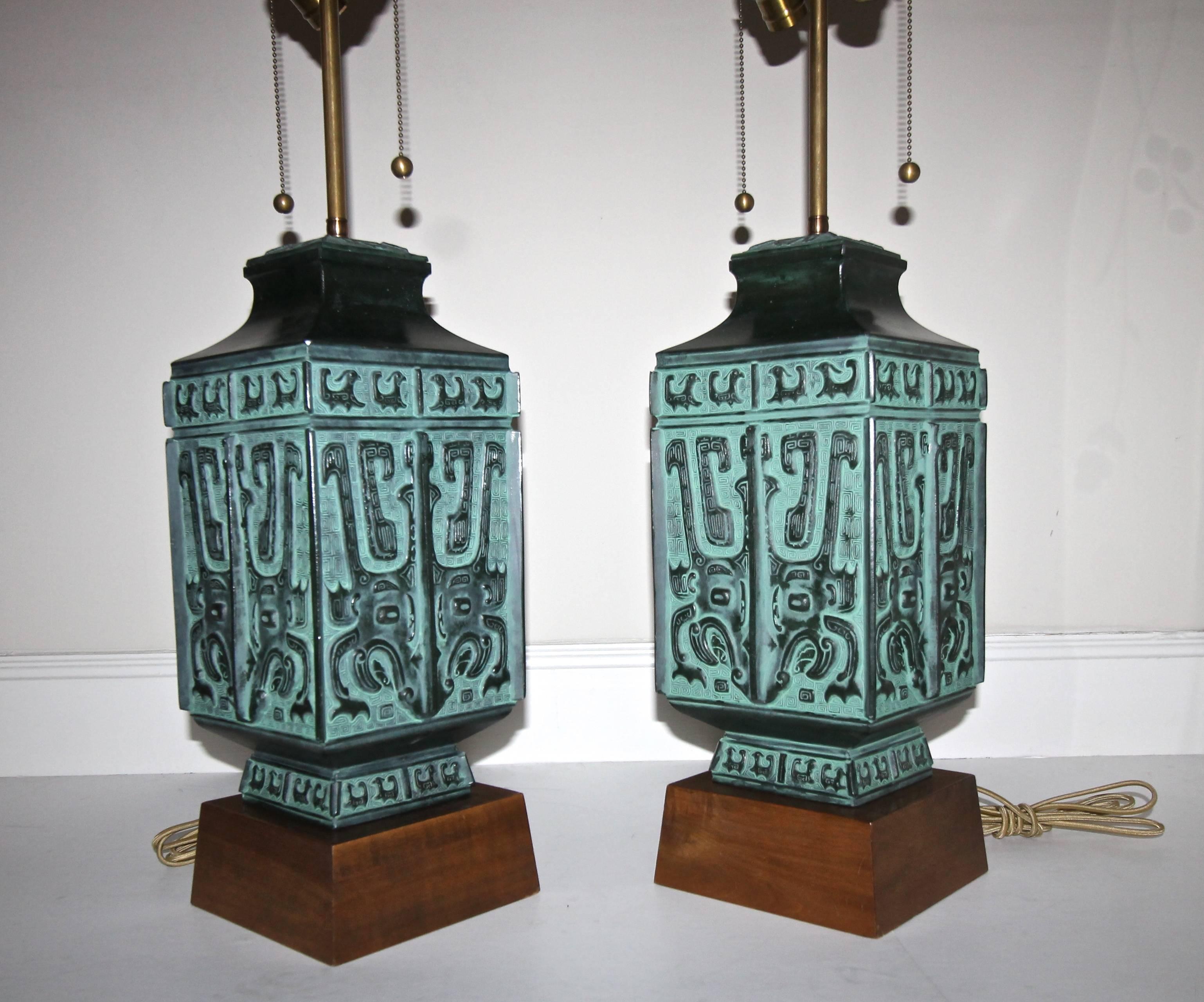 Pair of James Mont Style Asian Patinated Bronze Table Lamps In Excellent Condition In Palm Springs, CA