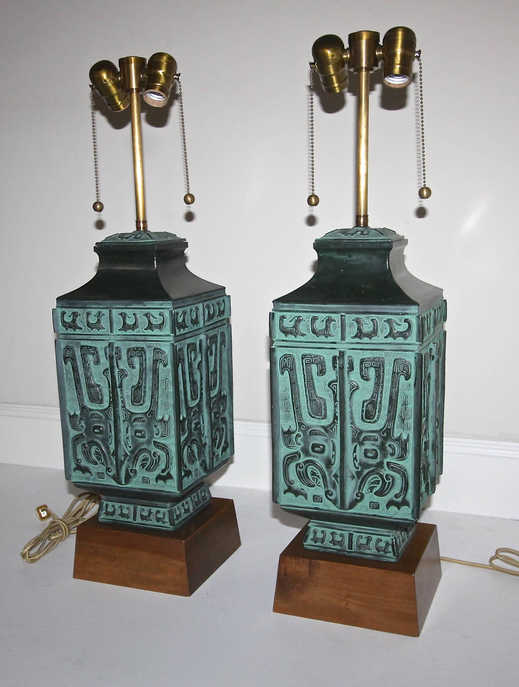 Pair of James Mont Style Asian Patinated Bronze Table Lamps 2