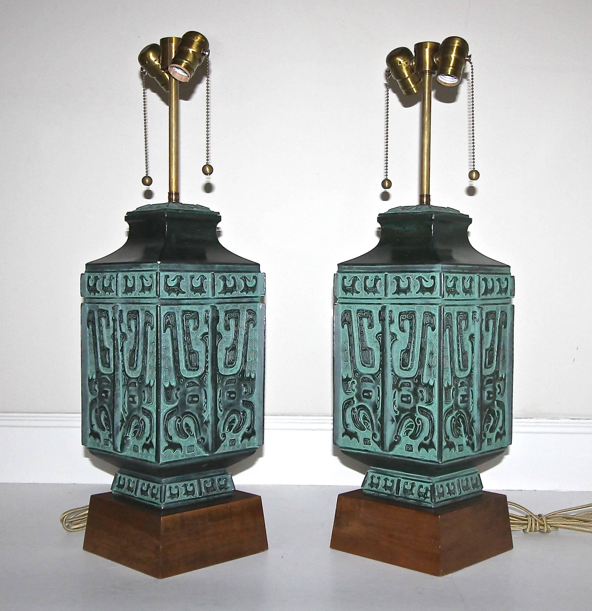 Japanese Pair of James Mont Style Asian Patinated Bronze Table Lamps
