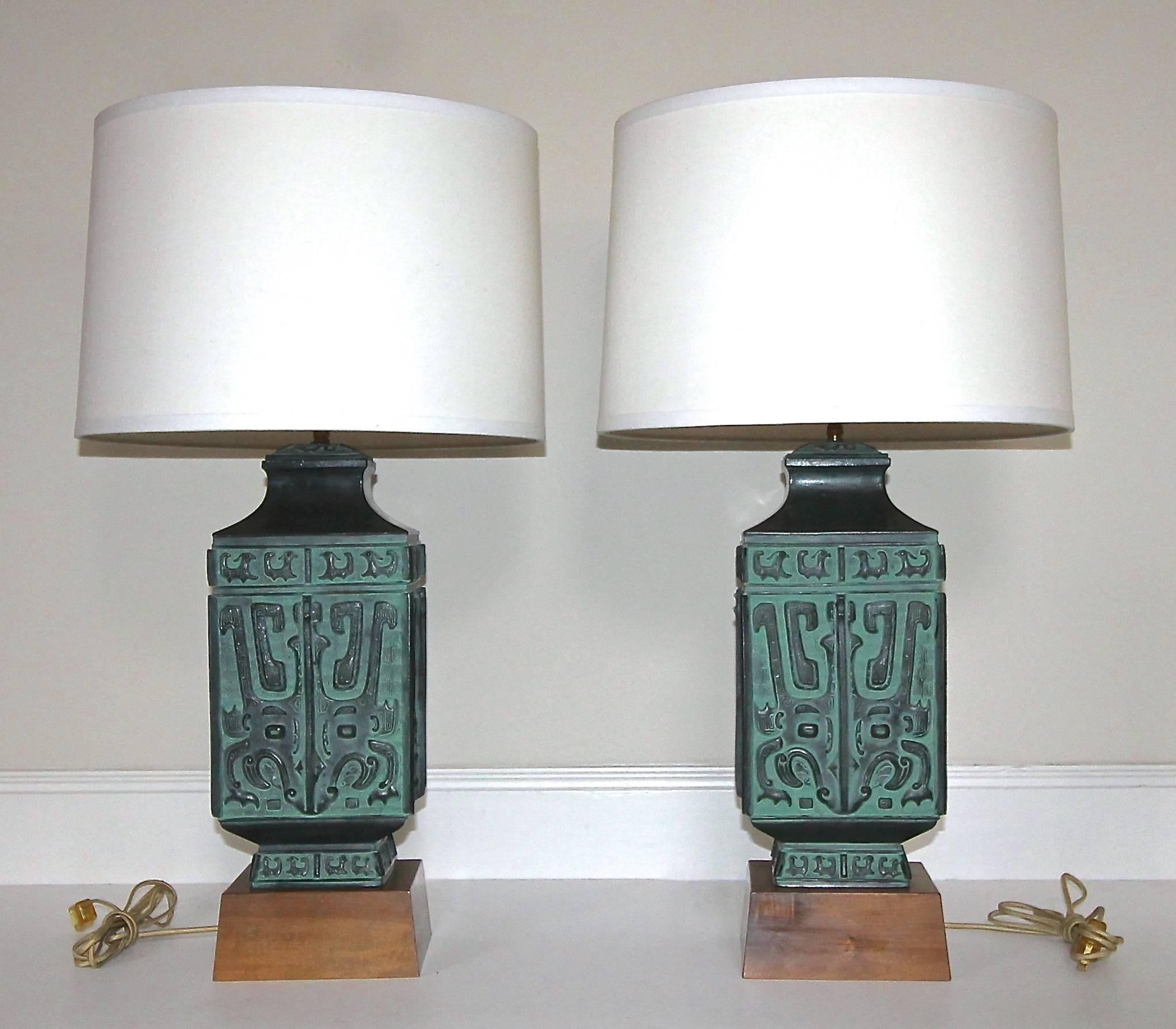 Pair of James Mont Style Asian Patinated Bronze Table Lamps 4