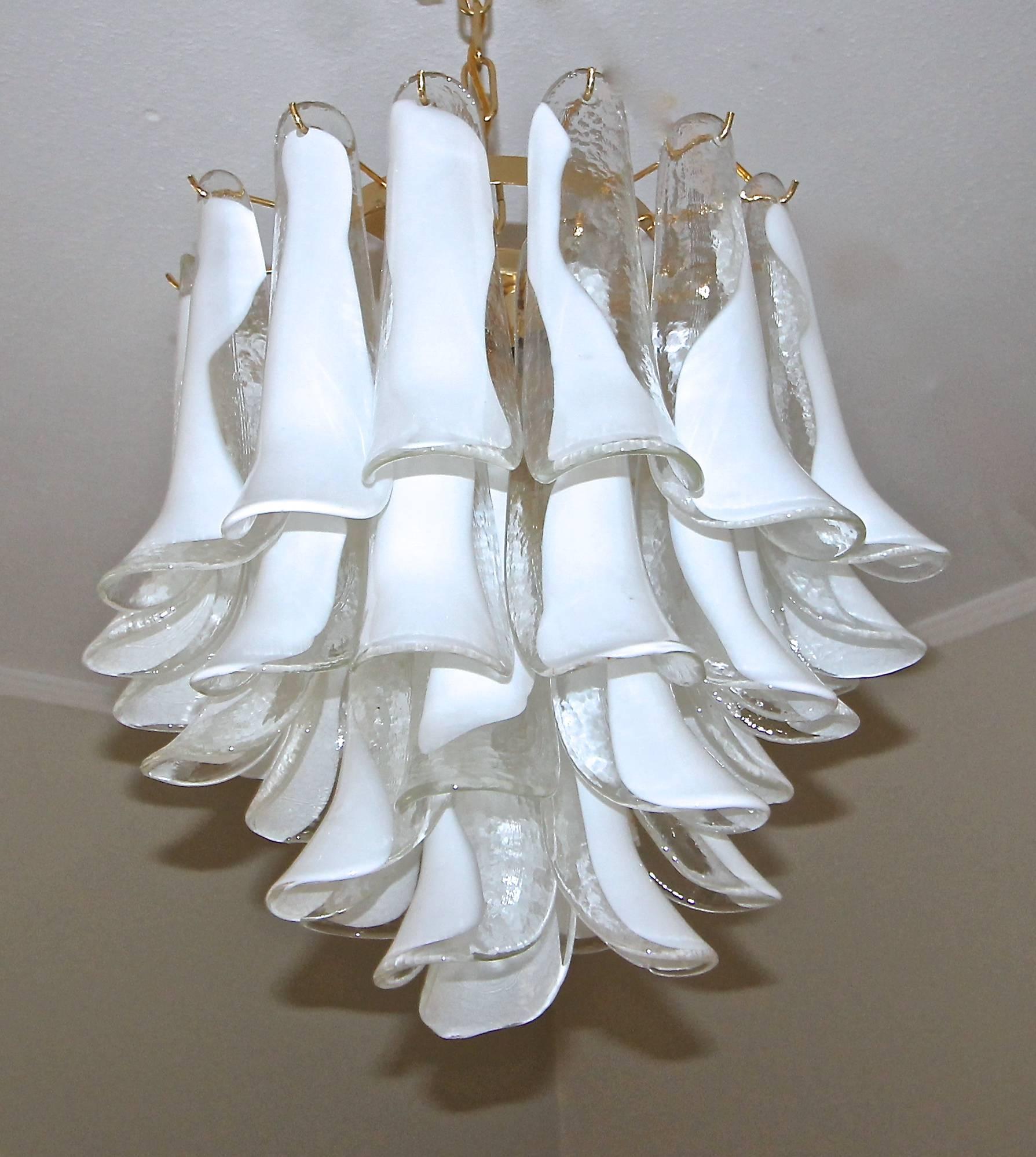 Metal Mazzega Murano Clear and White Petal Chandelier