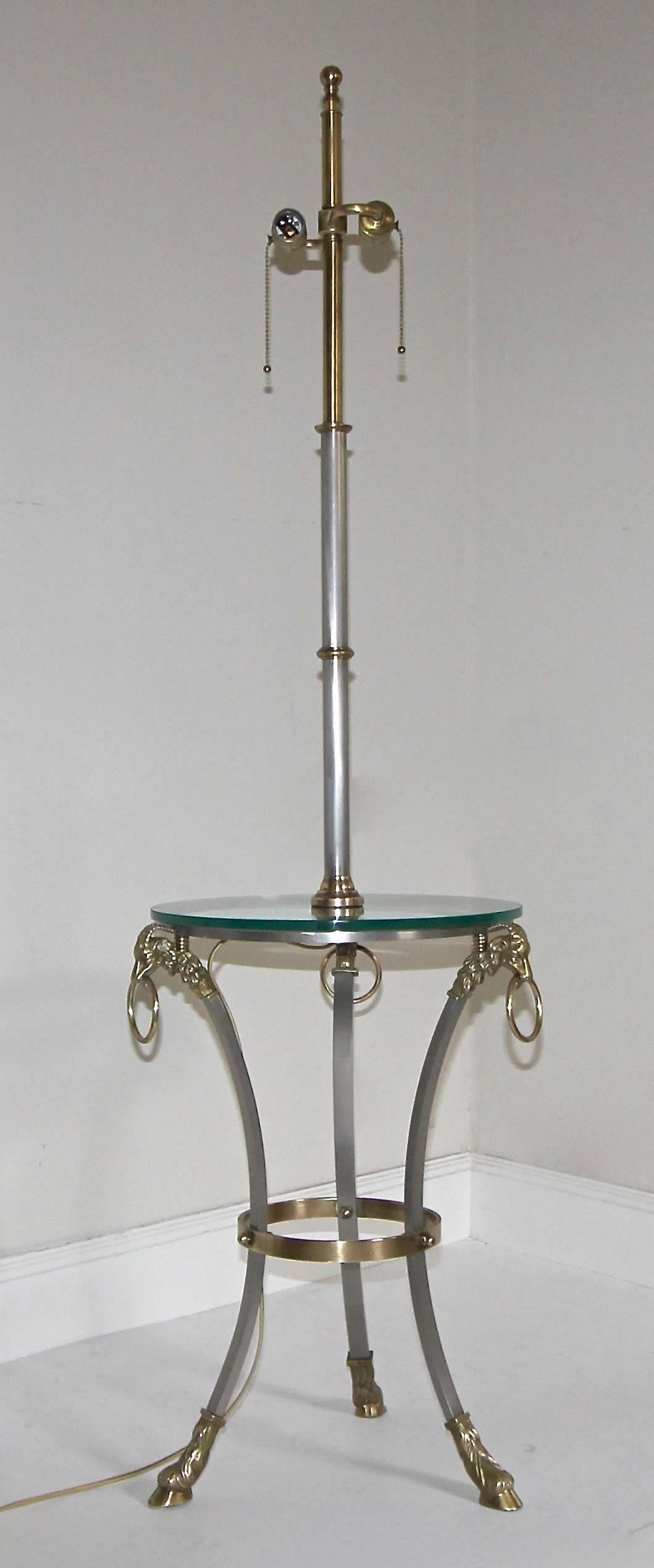 French Masion Jansen Style Brushed Steel and Brass Lamp Side Table In Excellent Condition For Sale In Palm Springs, CA