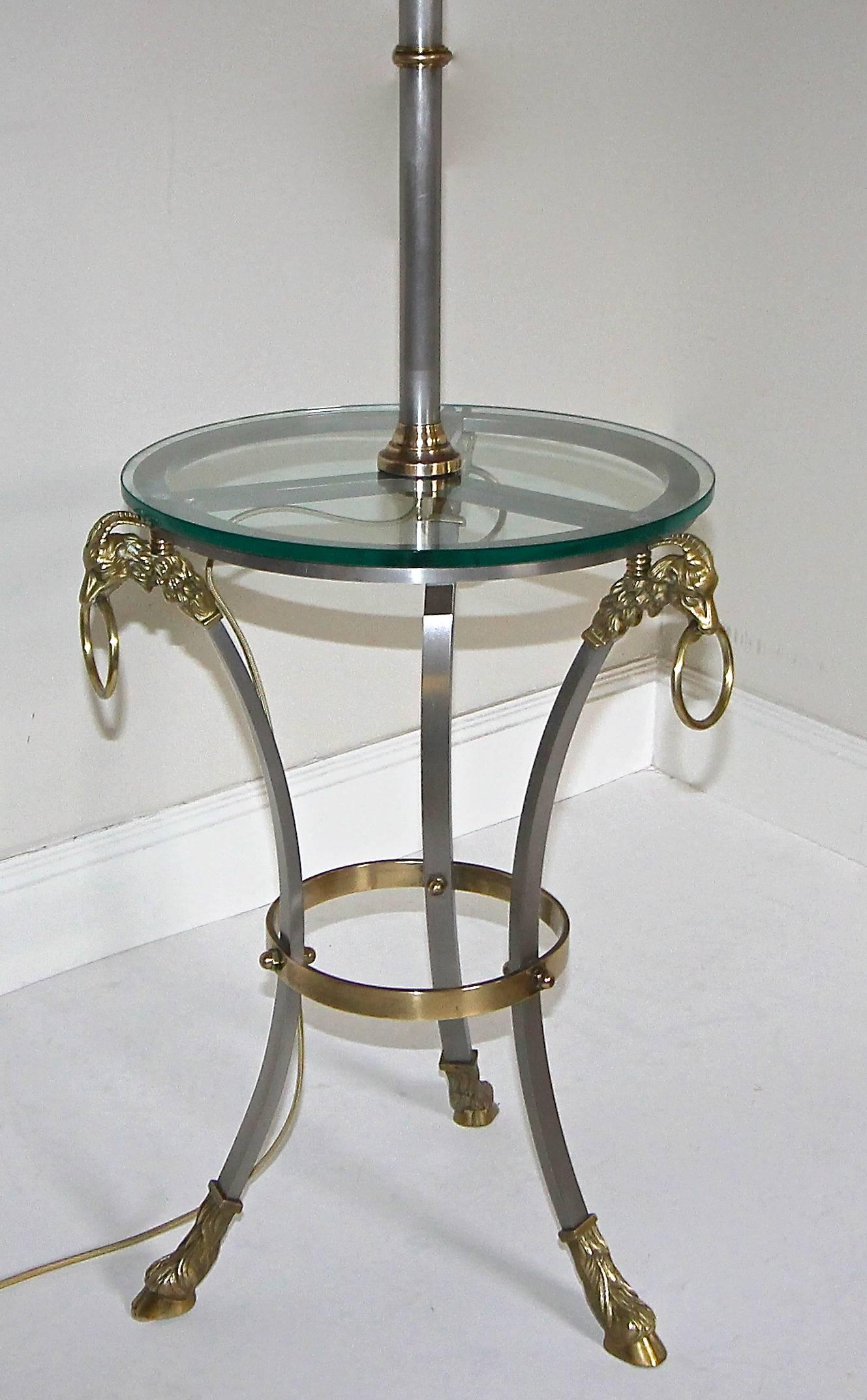 Mid-20th Century French Masion Jansen Style Brushed Steel and Brass Lamp Side Table For Sale