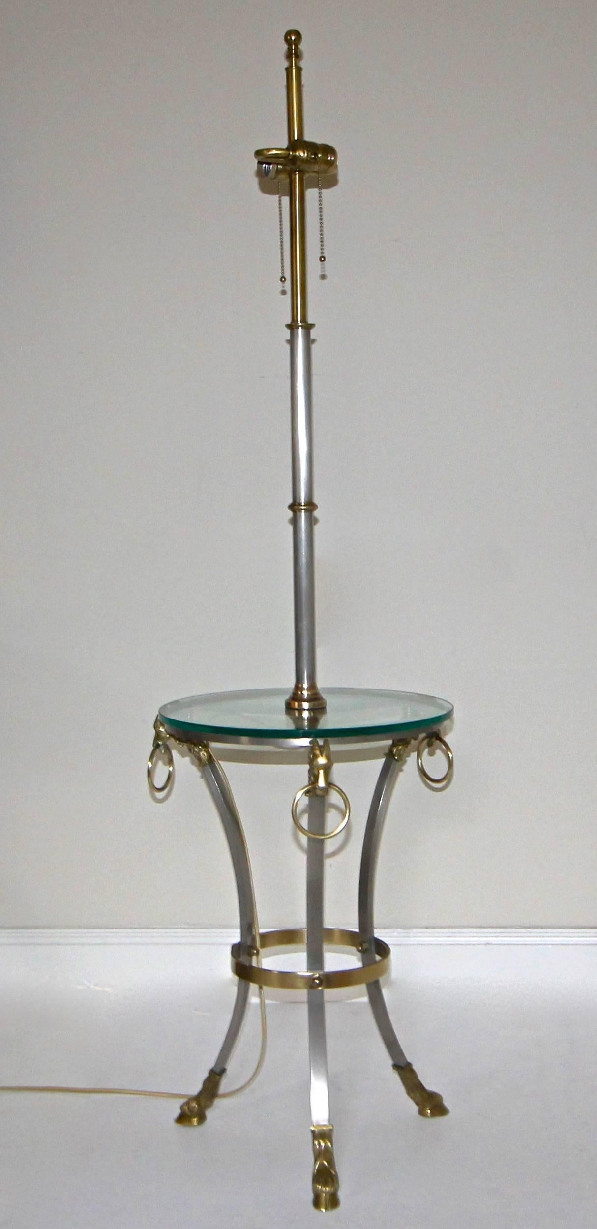 French Masion Jansen Style Brushed Steel and Brass Lamp Side Table For Sale 2