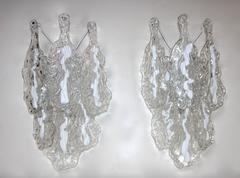 Pair of Mazzega Murano Clear White Textured Glass Sconces