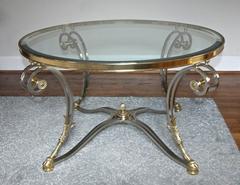 Jansen Style Brushed and Steel Brass Round Neoclassic Coffee Table