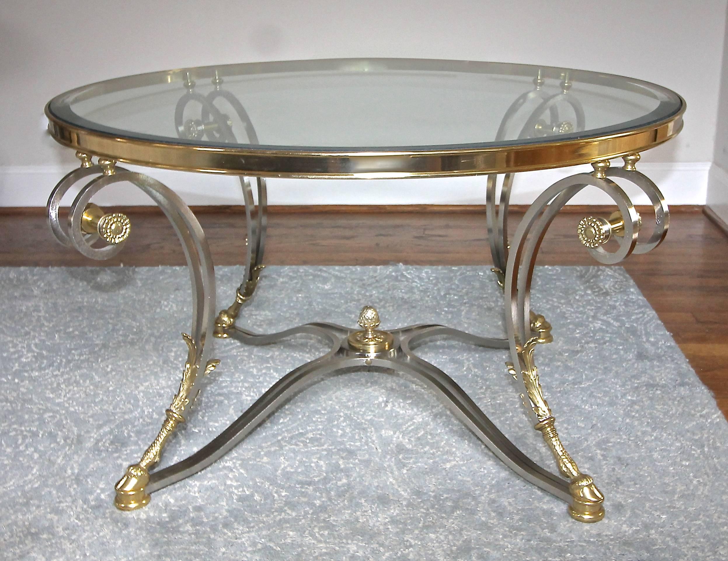 Jansen Style Brushed and Steel Brass Round Neoclassic Coffee Table For Sale 5
