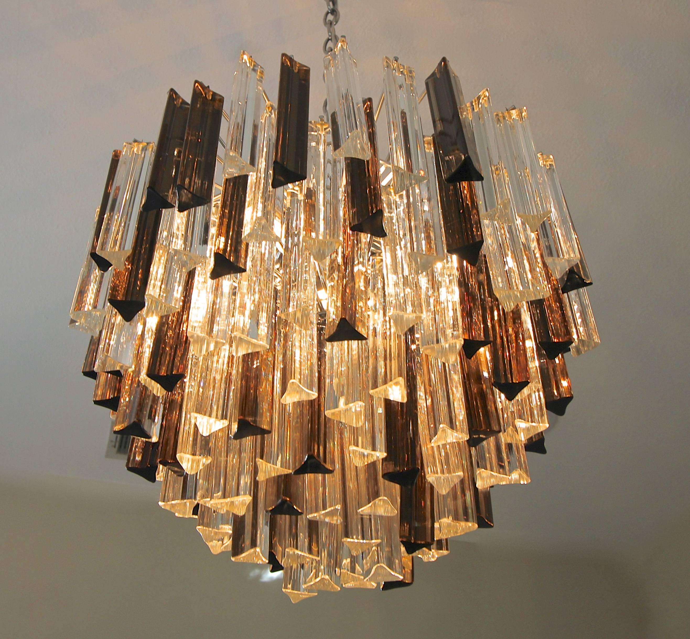 Plated Venini Camer Italian Triedi Clear and Smoked Crystal Prism Chandelier