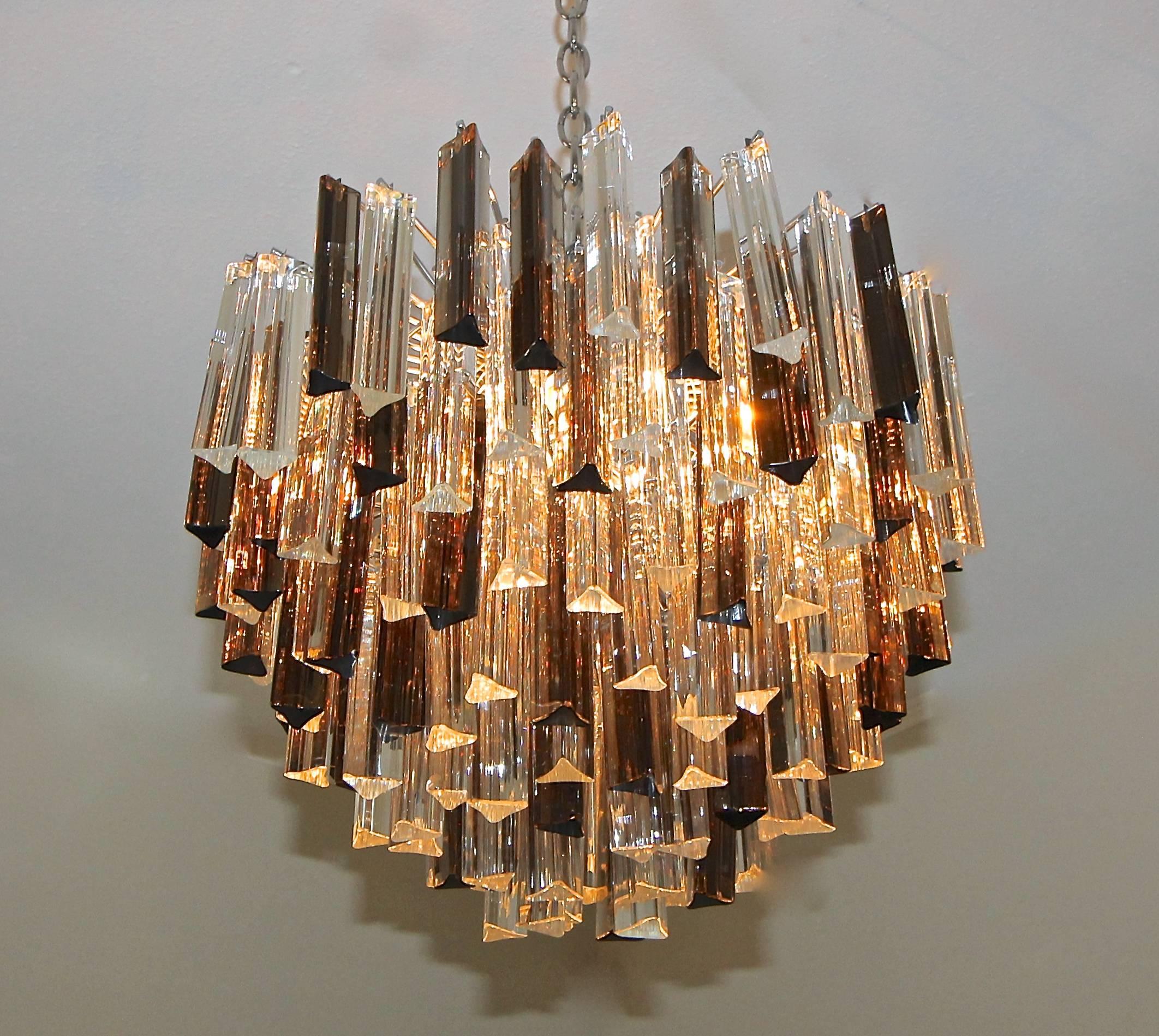Metal Venini Camer Italian Triedi Clear and Smoked Crystal Prism Chandelier