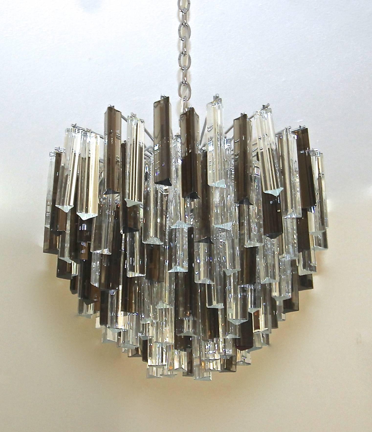 Mid-Century Modern Venini Camer Italian Triedi Clear and Smoked Crystal Prism Chandelier