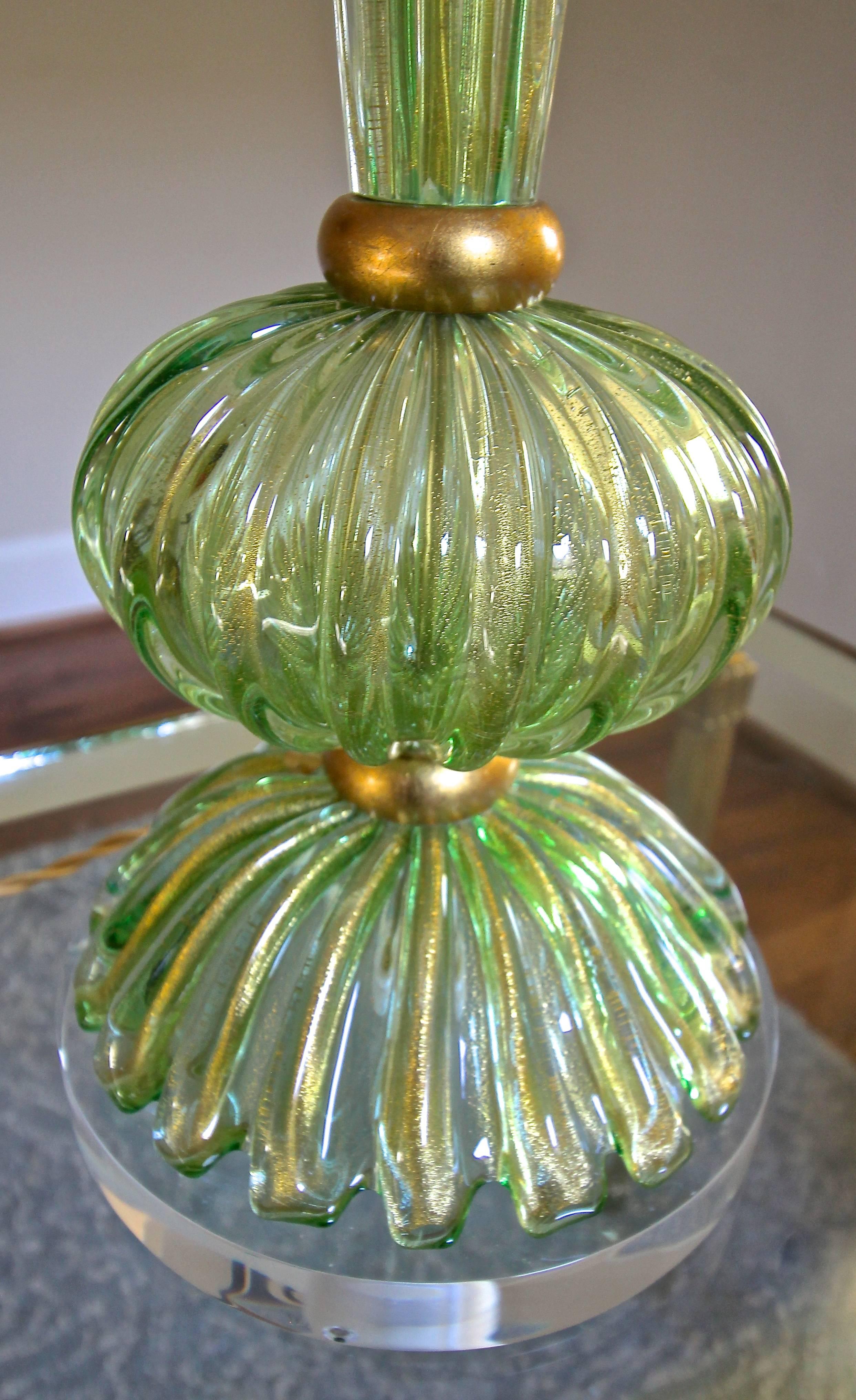 Brass Single Green and Gold Italian Murano Glass Table Lamp
