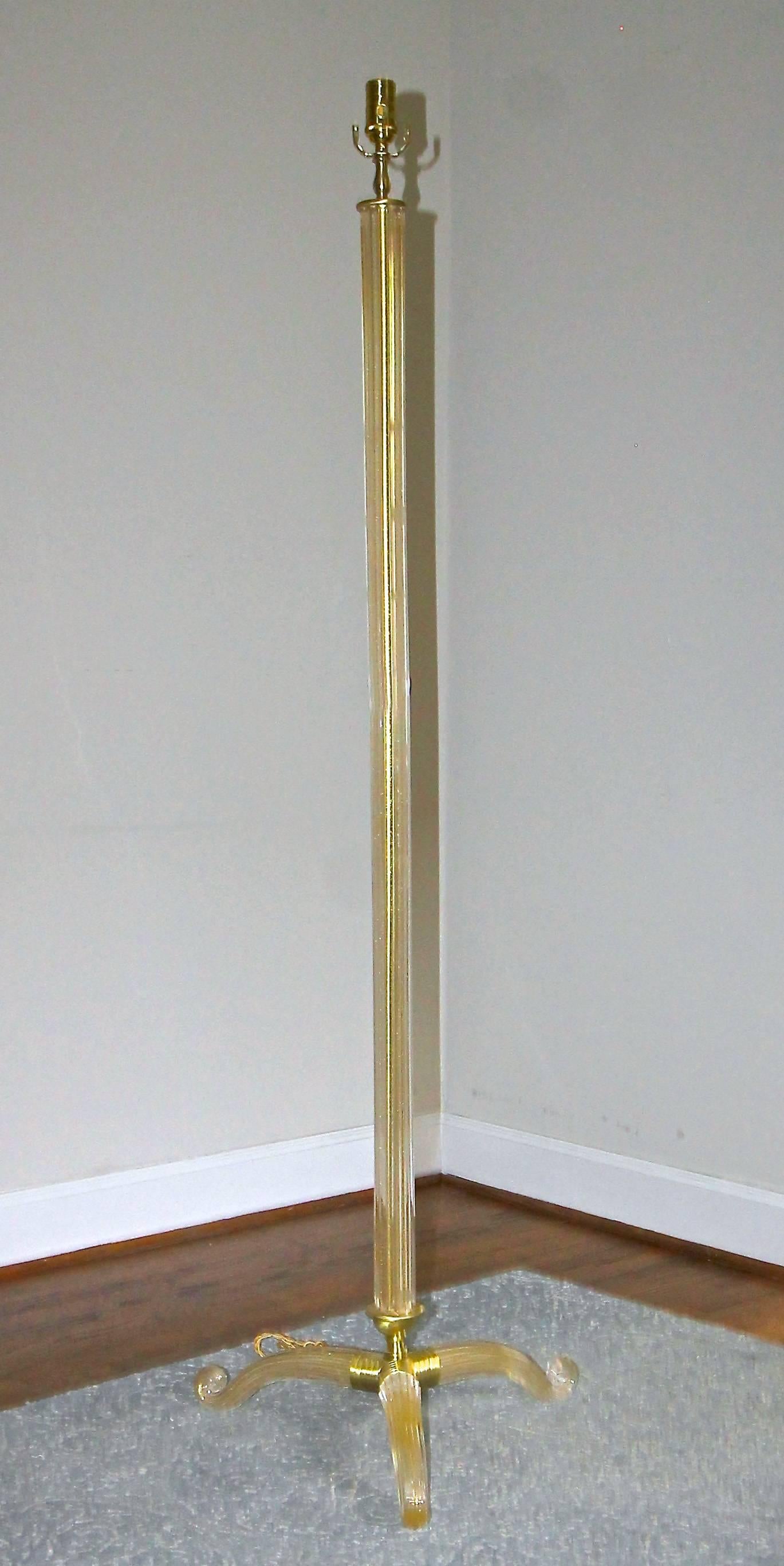 Brass Pair of Barovier Murano Gold and Clear Glass Tripod Floor Lamps