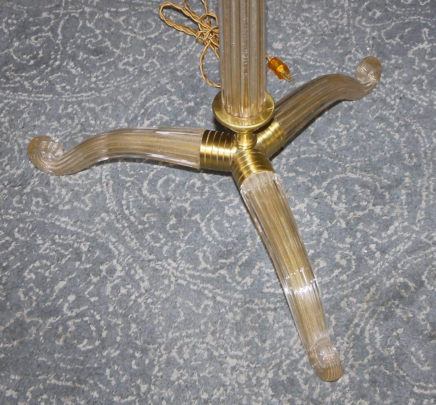 Late 20th Century Pair of Barovier Murano Gold and Clear Glass Tripod Floor Lamps