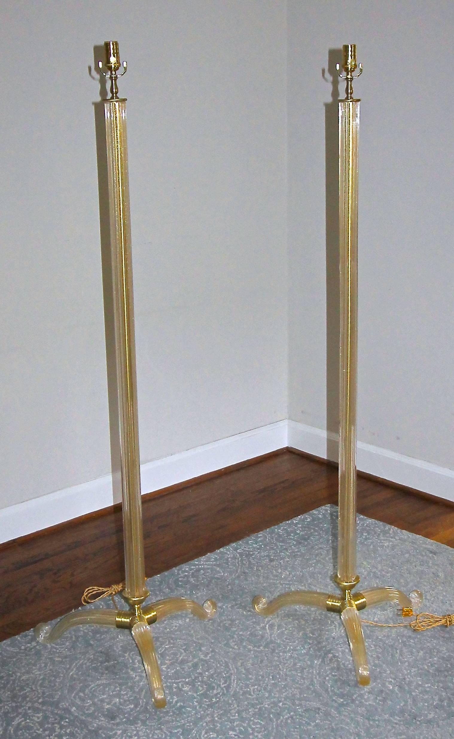 Pair of Barovier Murano Gold and Clear Glass Tripod Floor Lamps 4