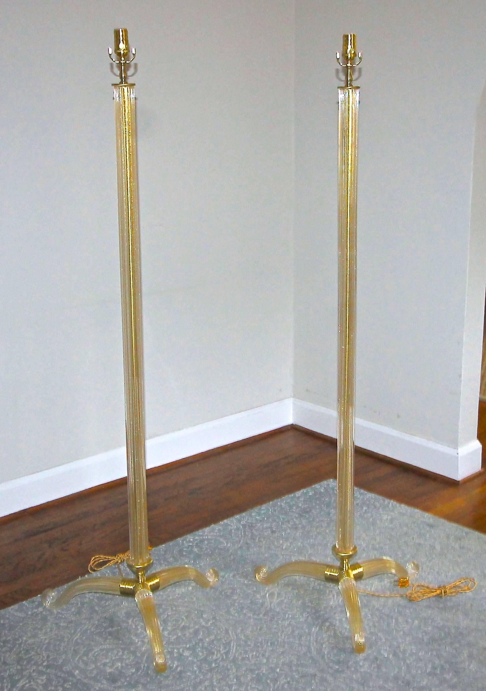 Italian Pair of Barovier Murano Gold and Clear Glass Tripod Floor Lamps
