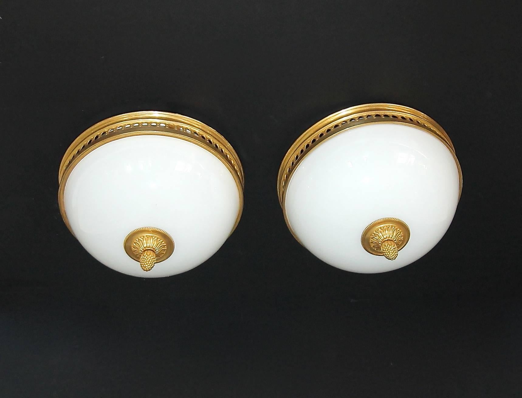 Pair of French Doré Bronze and White Opaline Glass Flush Mount Ceiling Lights In Good Condition In Dallas, TX