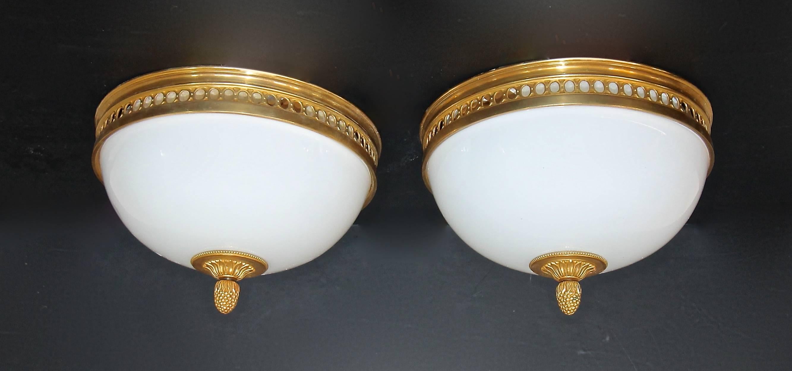 Pair of French Doré Bronze and White Opaline Glass Flush Mount Ceiling Lights 6