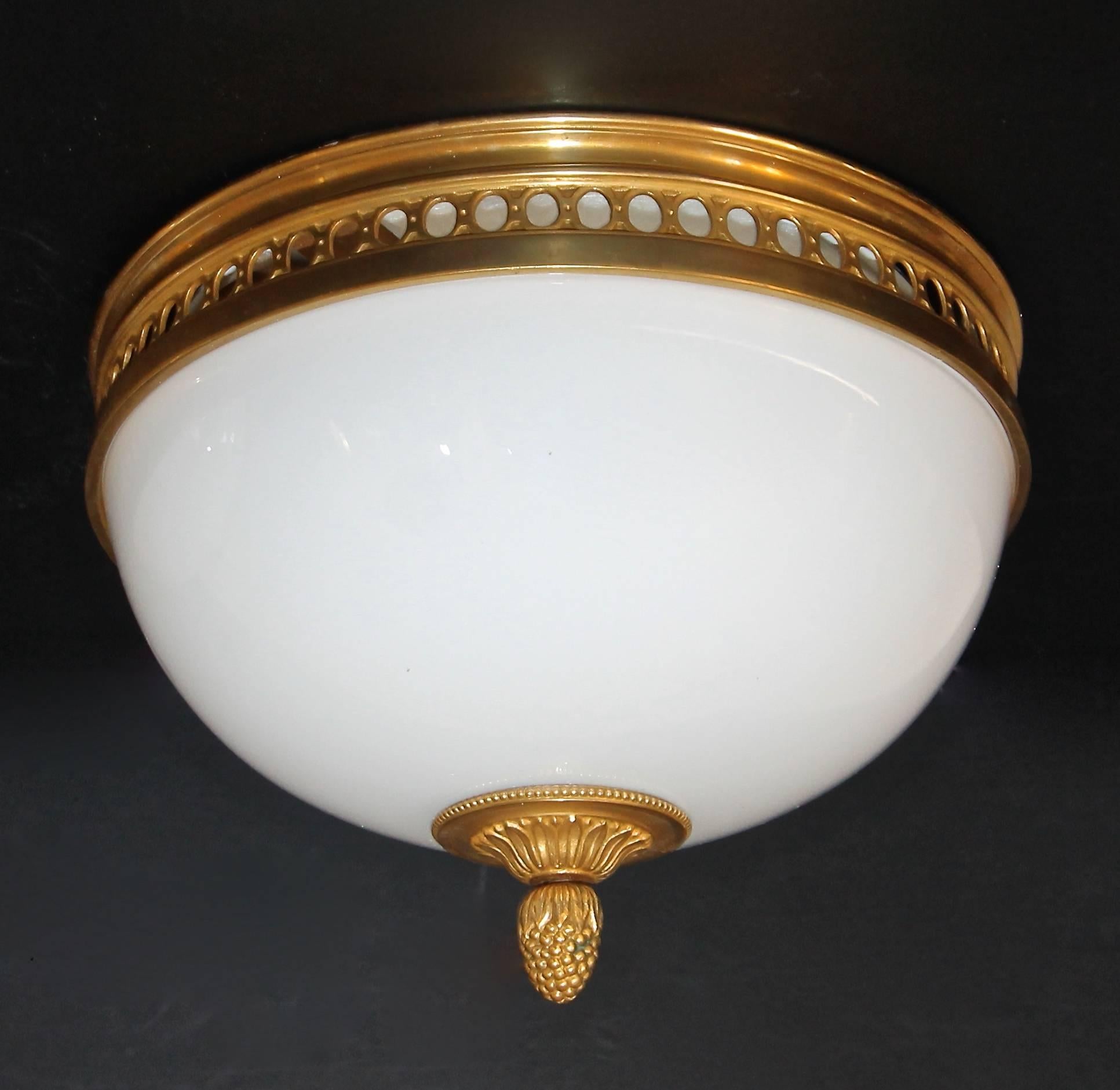 Pair of French Doré Bronze and White Opaline Glass Flush Mount Ceiling Lights 1
