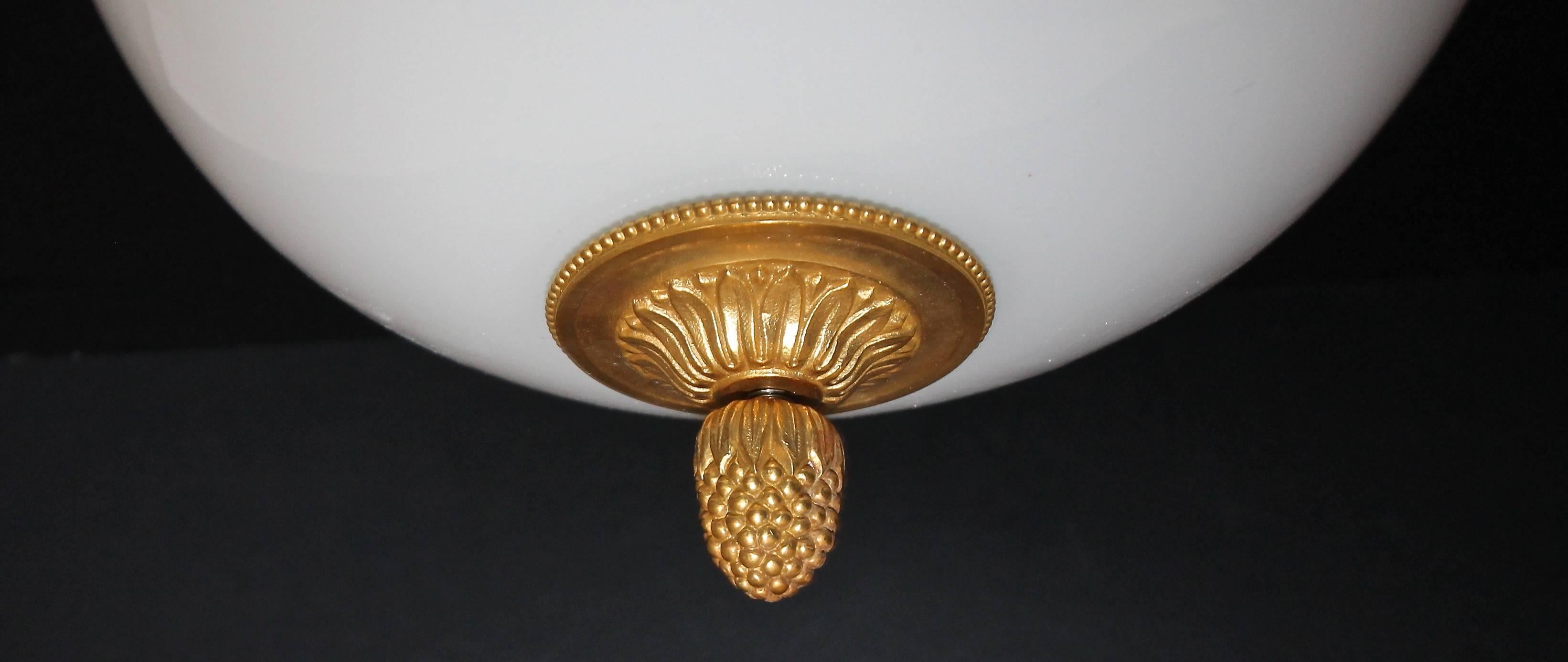 Pair of French Doré Bronze and White Opaline Glass Flush Mount Ceiling Lights 2