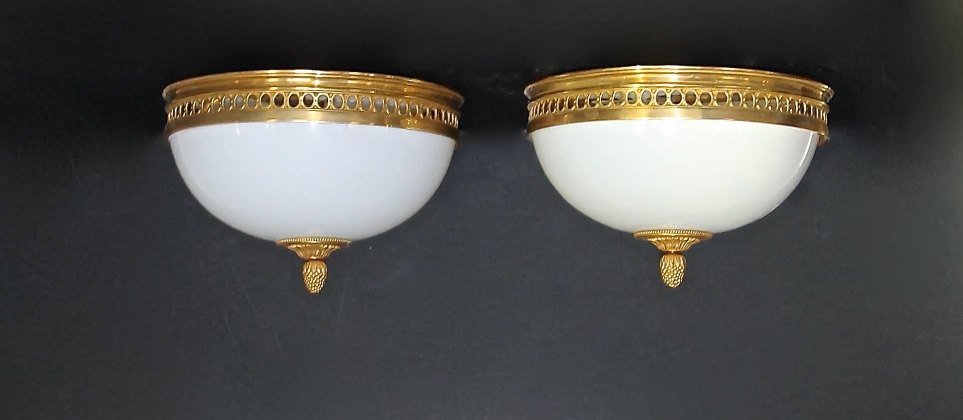 20th Century Pair of French Doré Bronze and White Opaline Glass Flush Mount Ceiling Lights