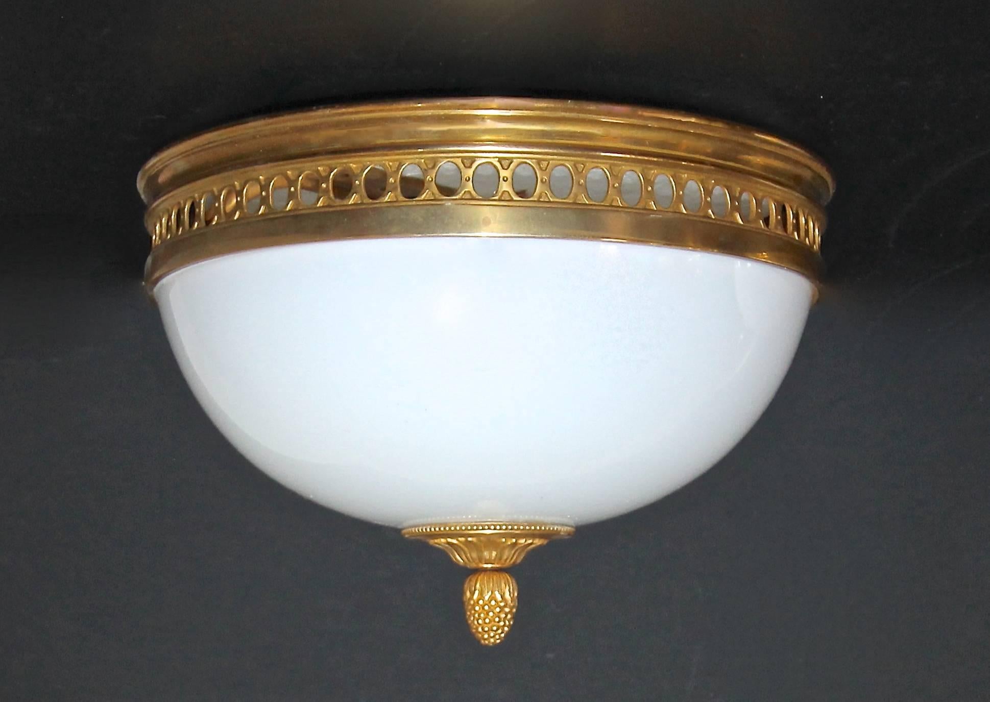 Pair of French Doré Bronze and White Opaline Glass Flush Mount Ceiling Lights 3