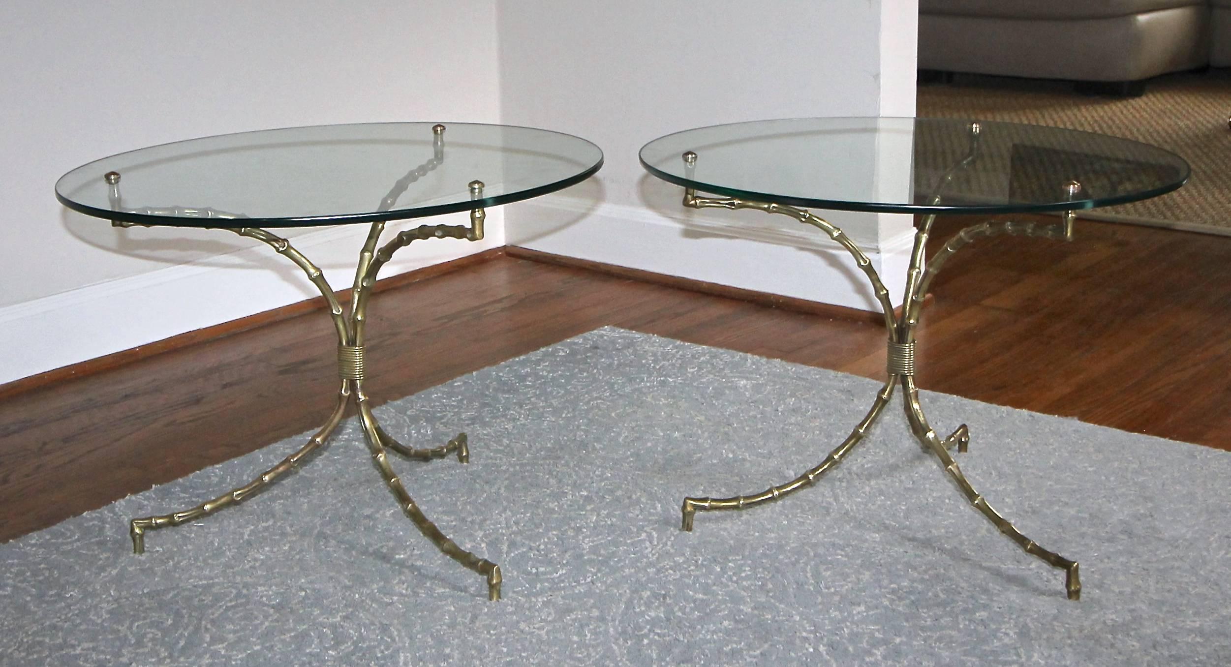 Pair of Bagues Bronze Faux Bamboo Tripod Cocktail or Side Tables In Good Condition In Dallas, TX
