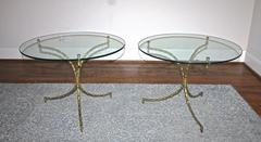 Pair of Bagues Bronze Faux Bamboo Tripod Cocktail or Side Tables