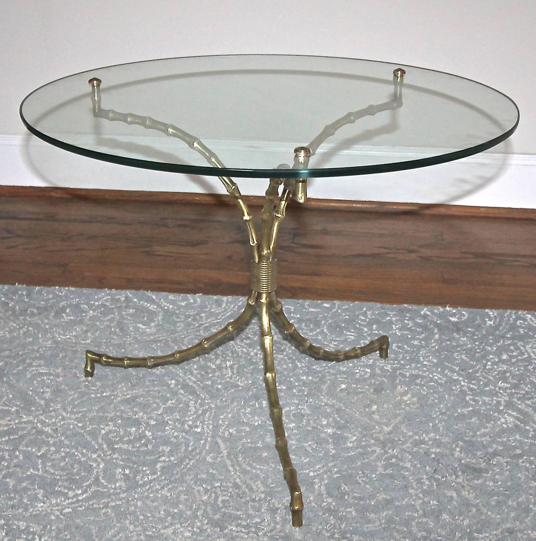 French Pair of Bagues Bronze Faux Bamboo Tripod Cocktail or Side Tables