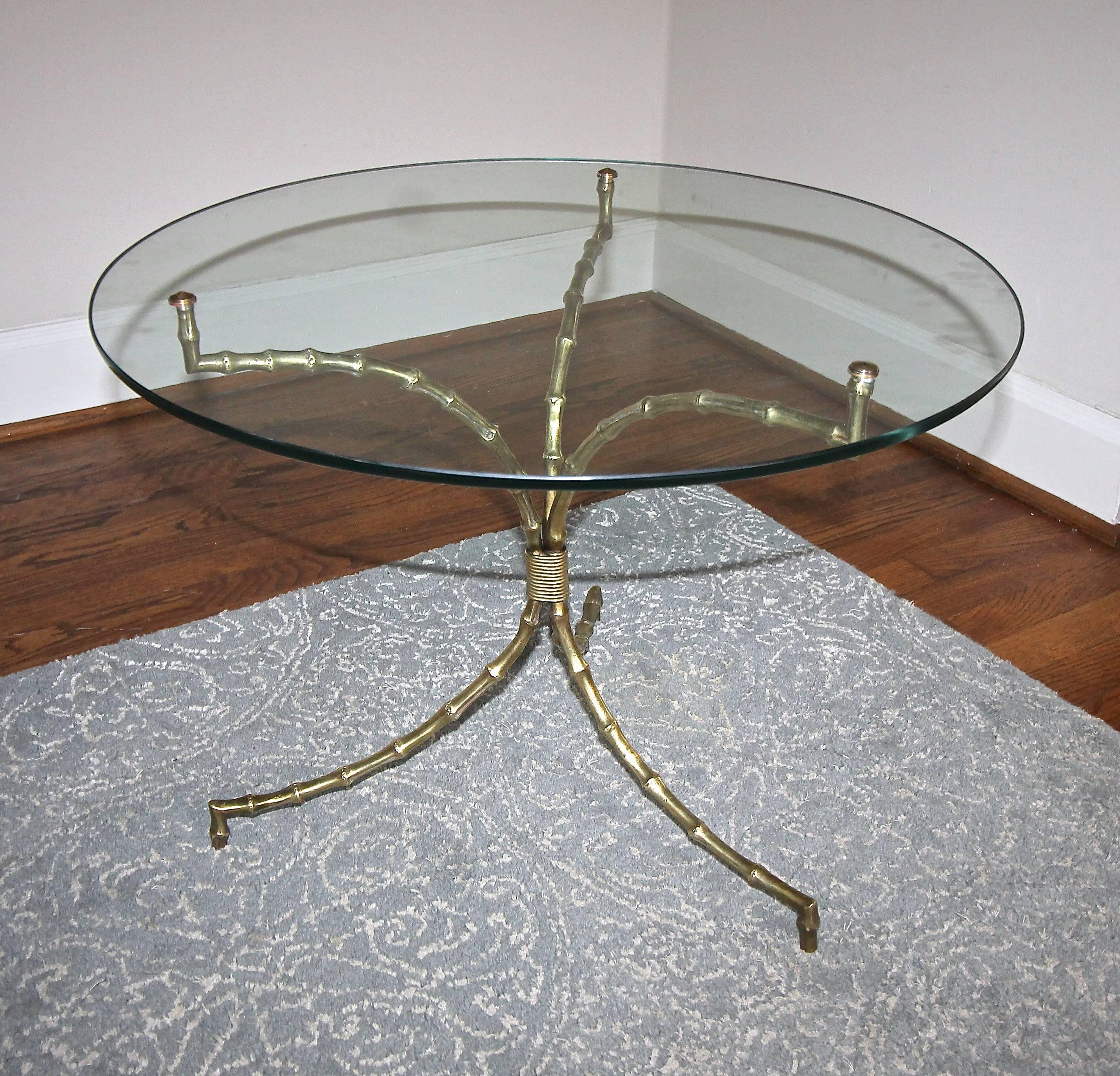 Mid-20th Century Pair of Bagues Bronze Faux Bamboo Tripod Cocktail or Side Tables