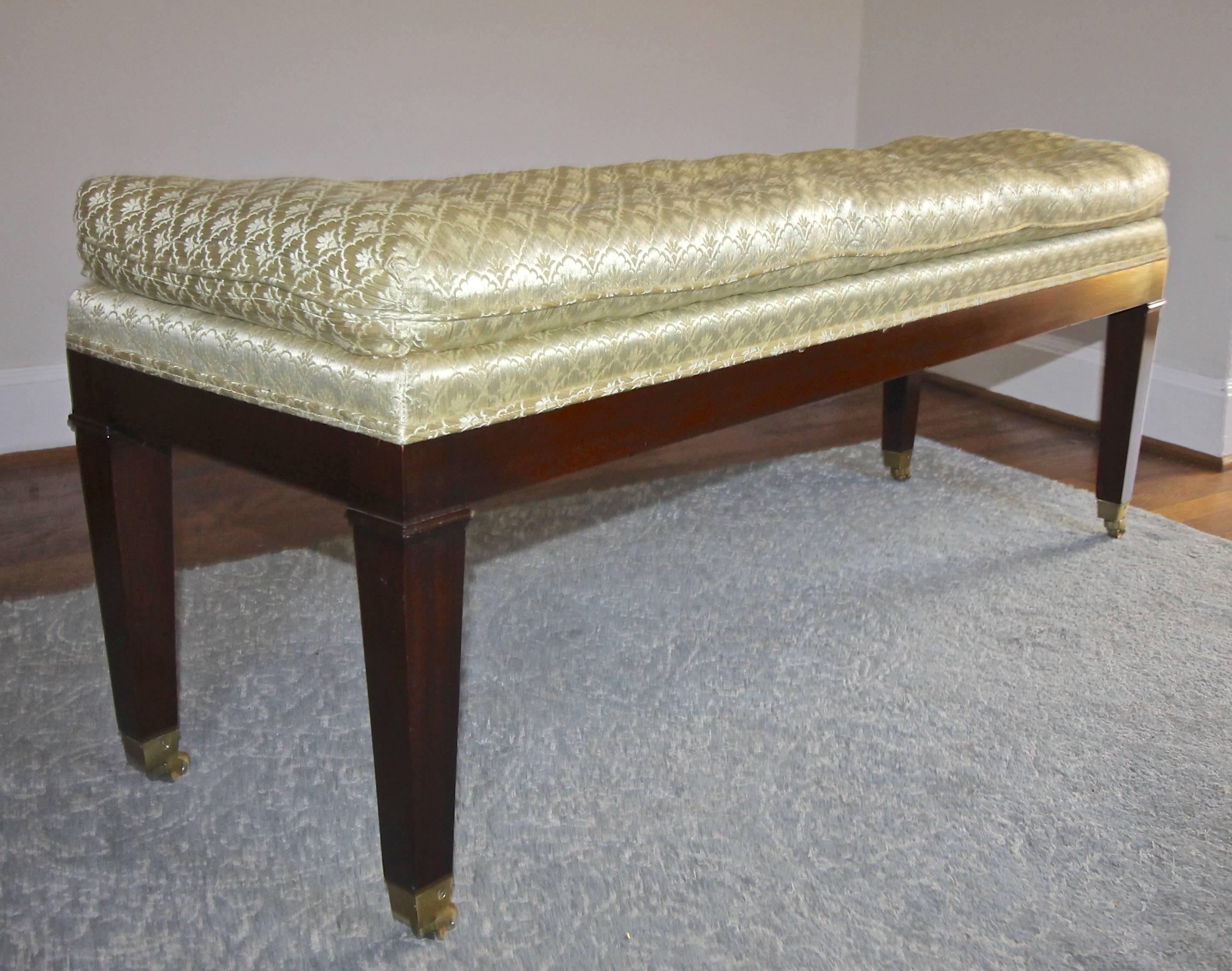 Upholstered Mahogany Long Bench with Brass Casters For Sale 2