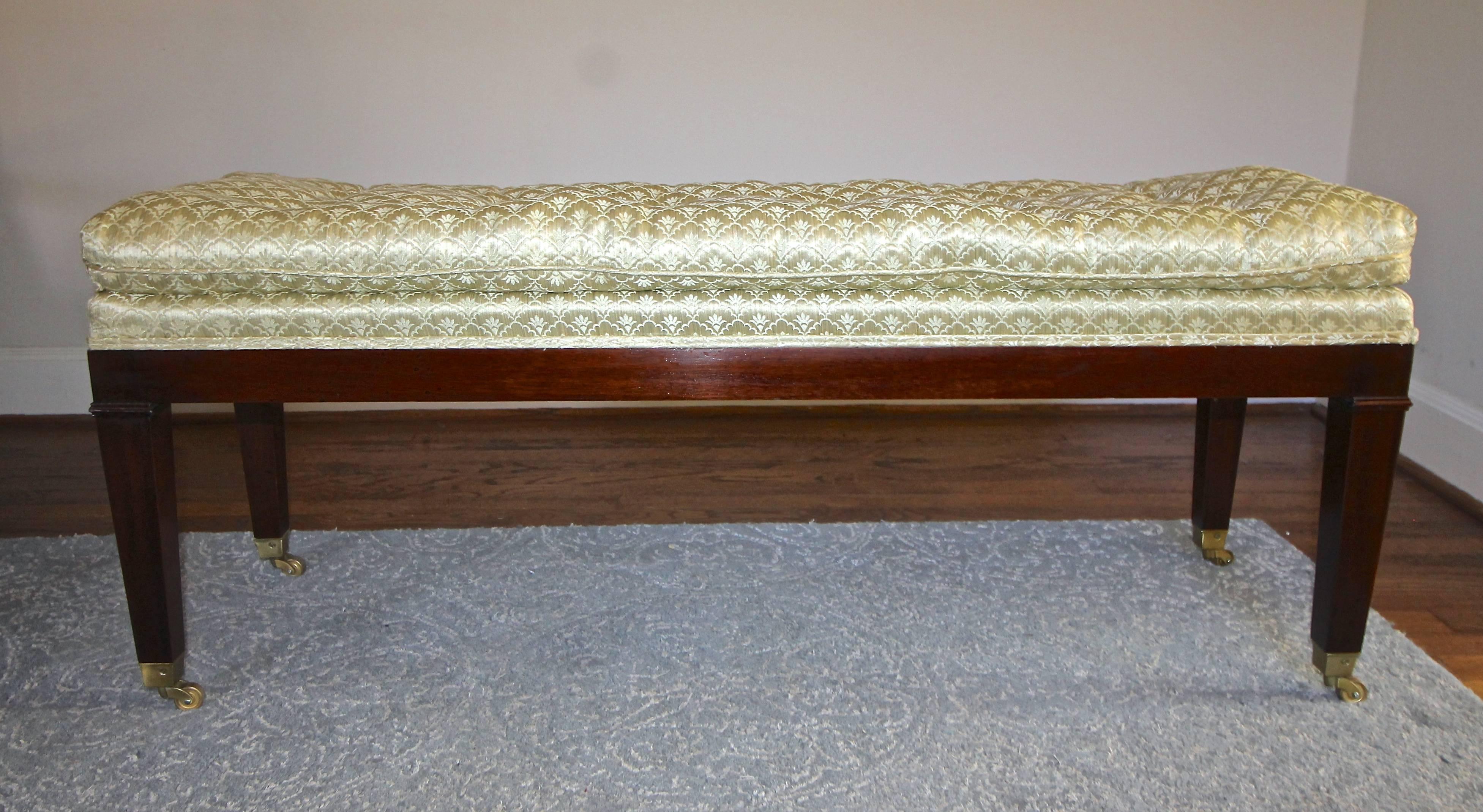 Mid-20th Century Upholstered Mahogany Long Bench with Brass Casters For Sale