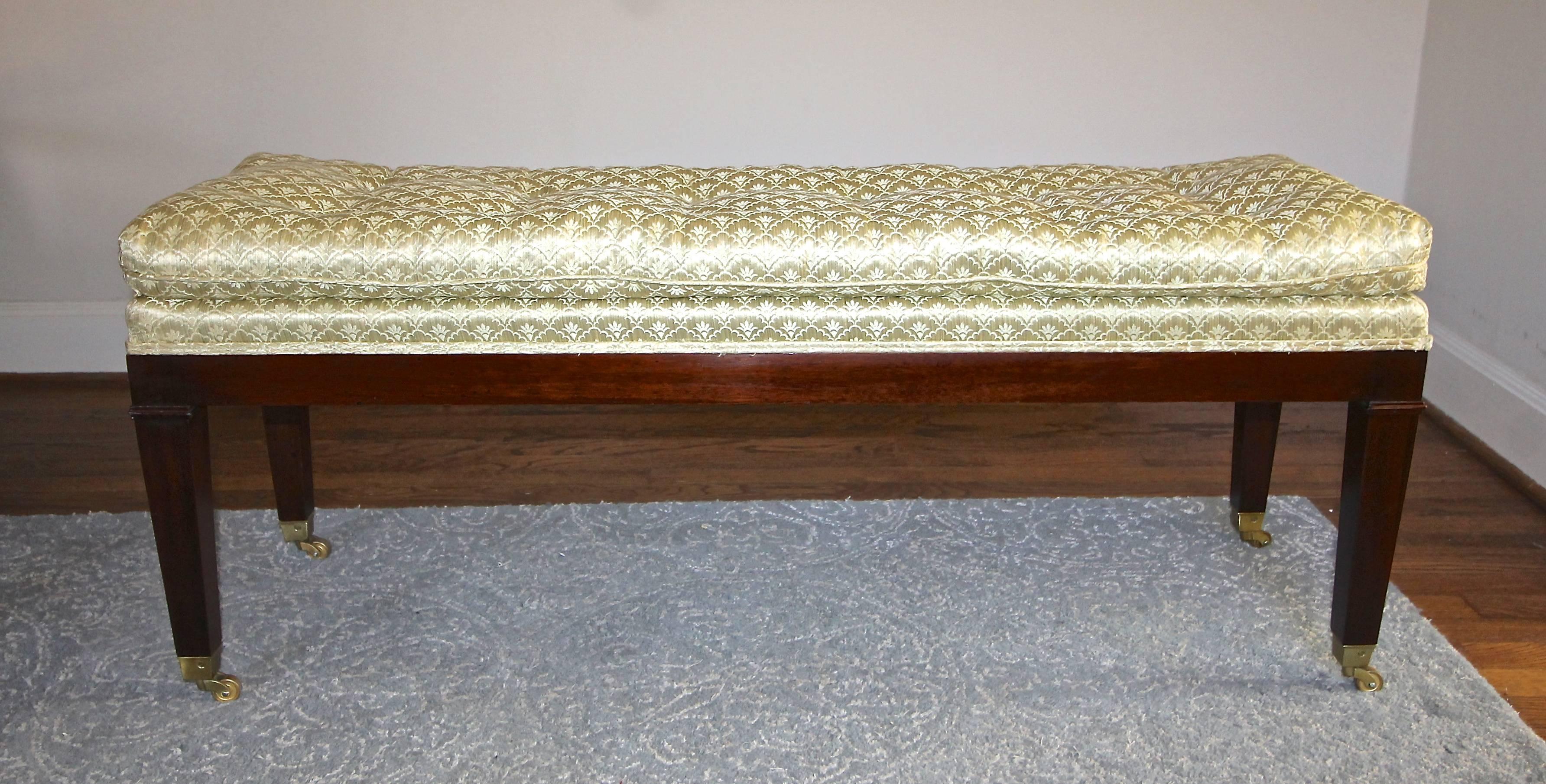 American Upholstered Mahogany Long Bench with Brass Casters For Sale
